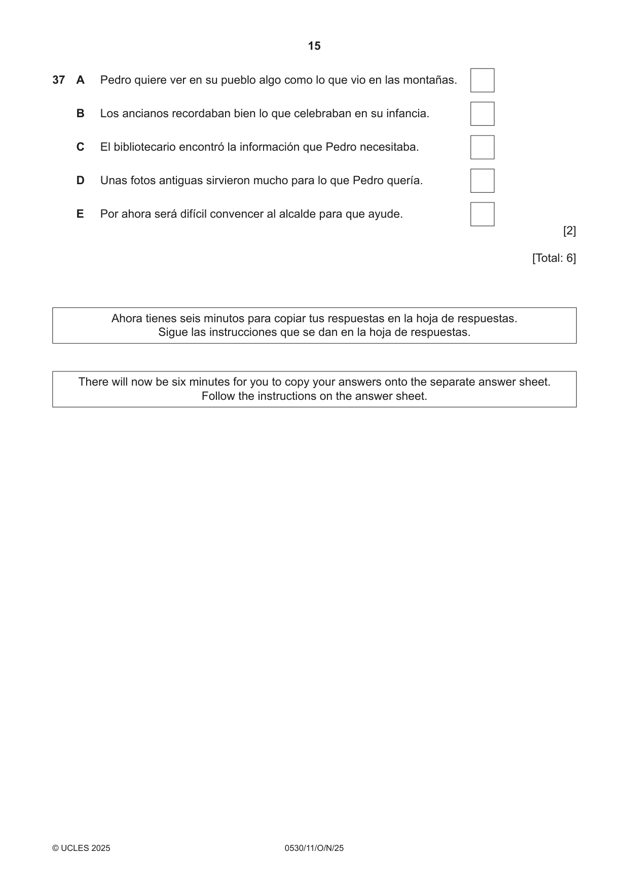 Cambridge IGCSE Spanish - Foreign Language 0530 2025 Oct/Nov Paper 1 · Variant 1 question paper, page 15 of 16