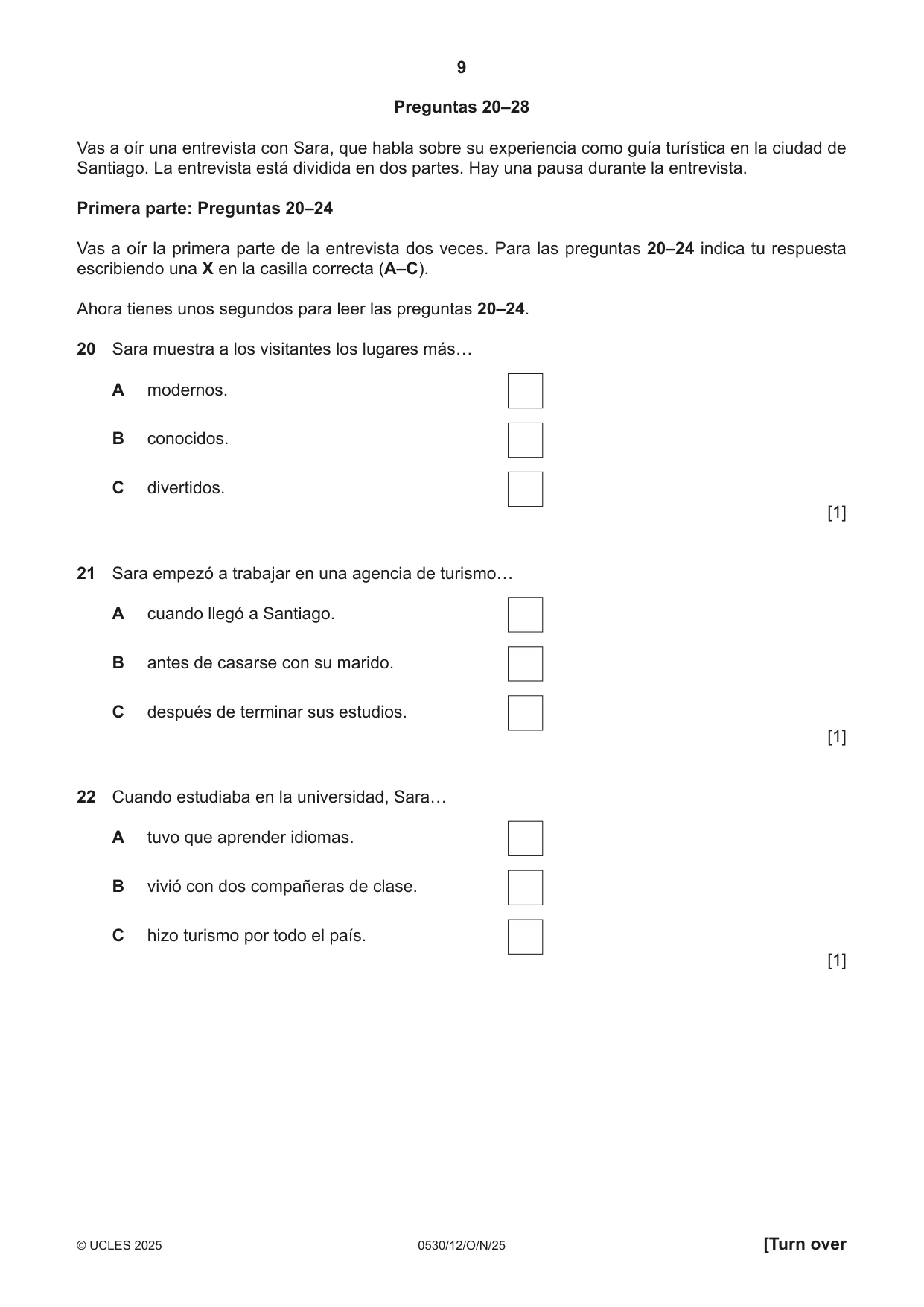 Cambridge IGCSE Spanish - Foreign Language 0530 2025 Oct/Nov Paper 1 · Variant 2 question paper, page 9 of 16