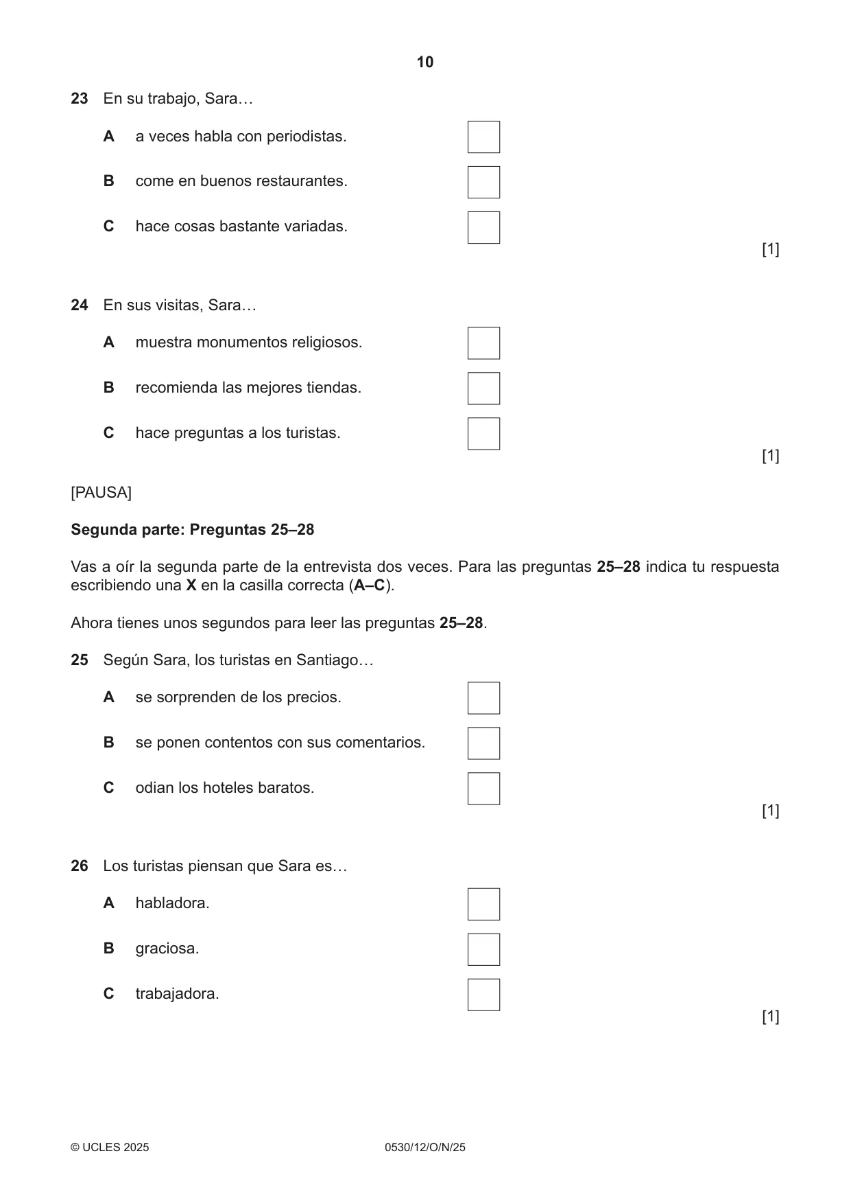 Cambridge IGCSE Spanish - Foreign Language 0530 2025 Oct/Nov Paper 1 · Variant 2 question paper, page 10 of 16