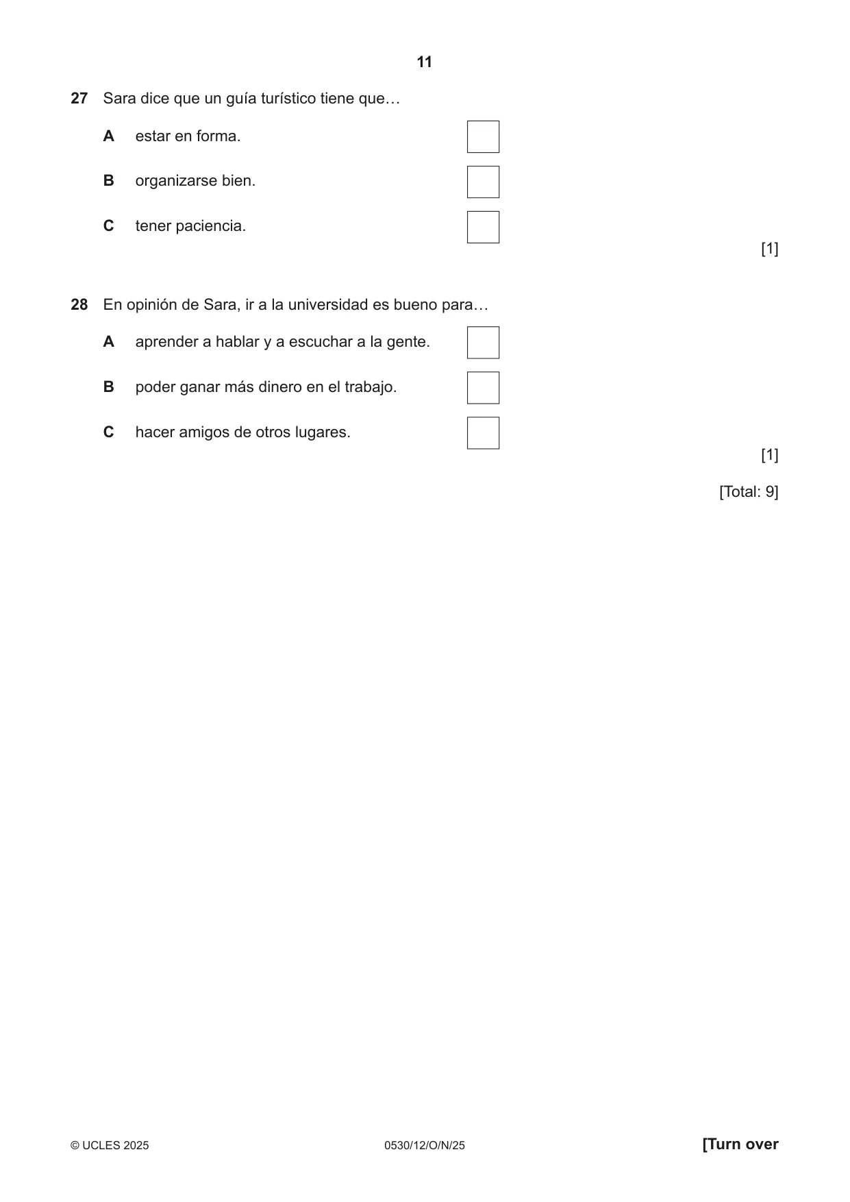 Cambridge IGCSE Spanish - Foreign Language 0530 2025 Oct/Nov Paper 1 · Variant 2 question paper, page 11 of 16