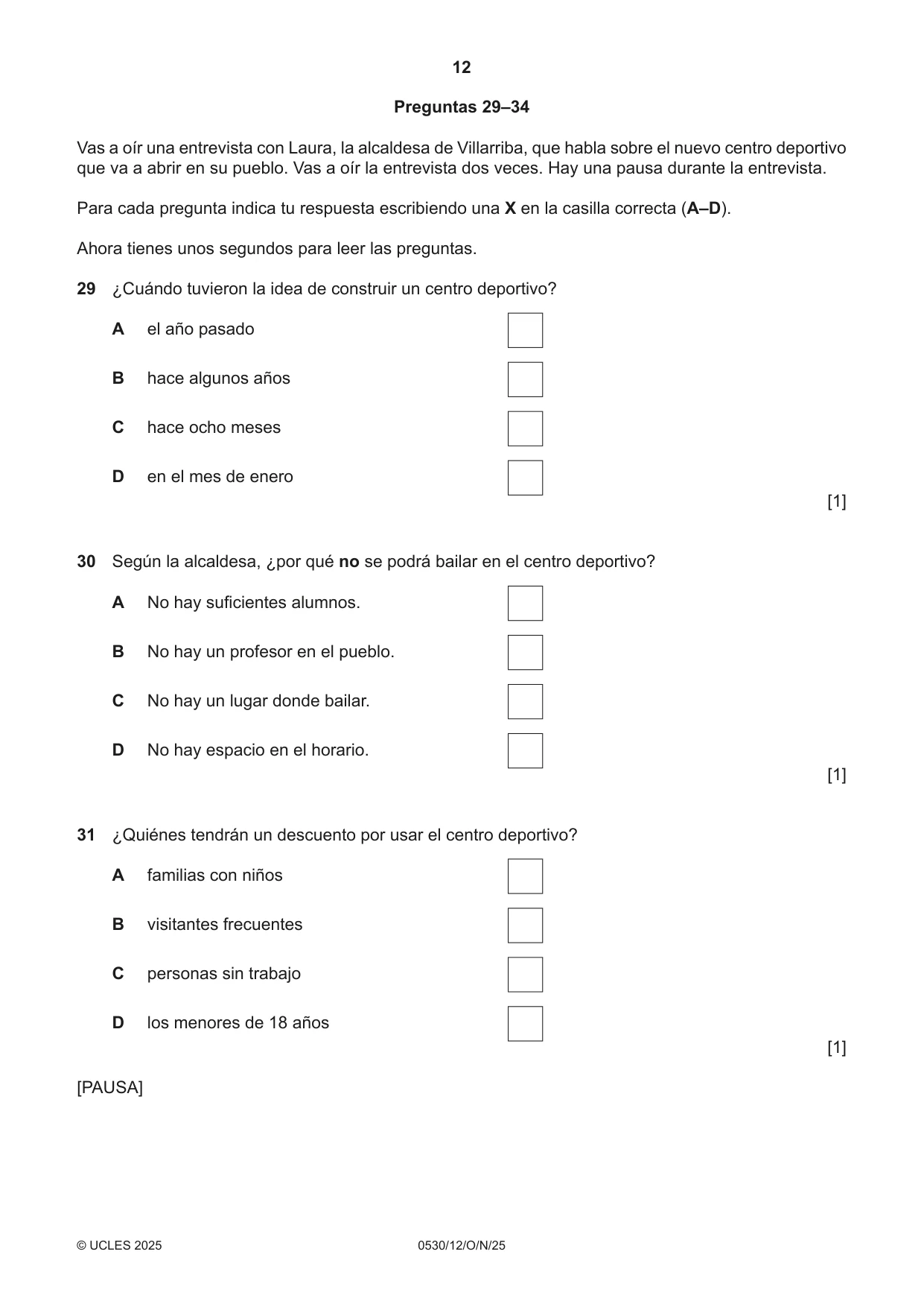 Cambridge IGCSE Spanish - Foreign Language 0530 2025 Oct/Nov Paper 1 · Variant 2 question paper, page 12 of 16