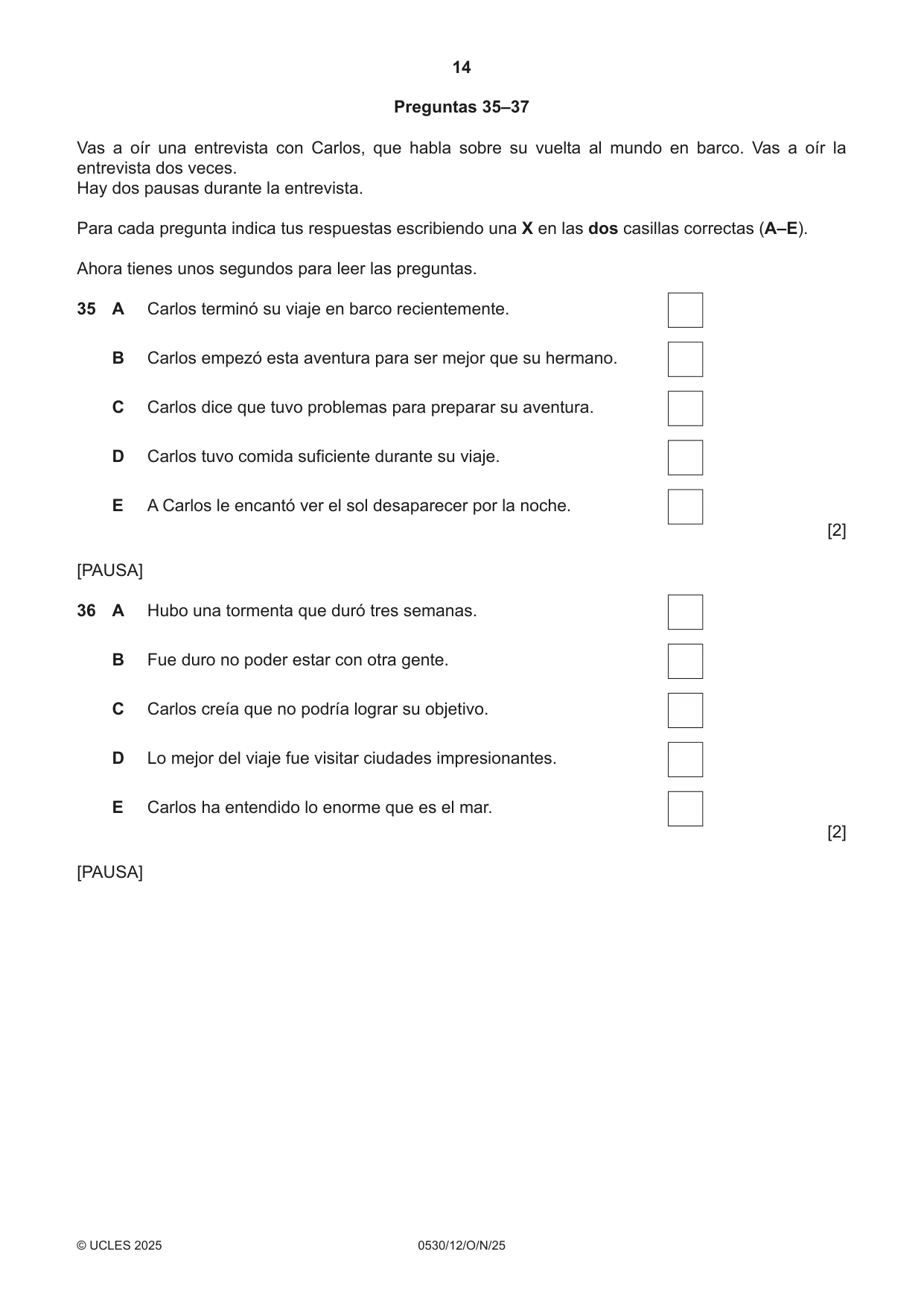 Cambridge IGCSE Spanish - Foreign Language 0530 2025 Oct/Nov Paper 1 · Variant 2 question paper, page 14 of 16
