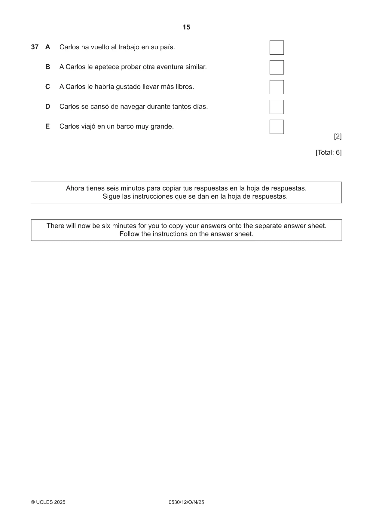 Cambridge IGCSE Spanish - Foreign Language 0530 2025 Oct/Nov Paper 1 · Variant 2 question paper, page 15 of 16