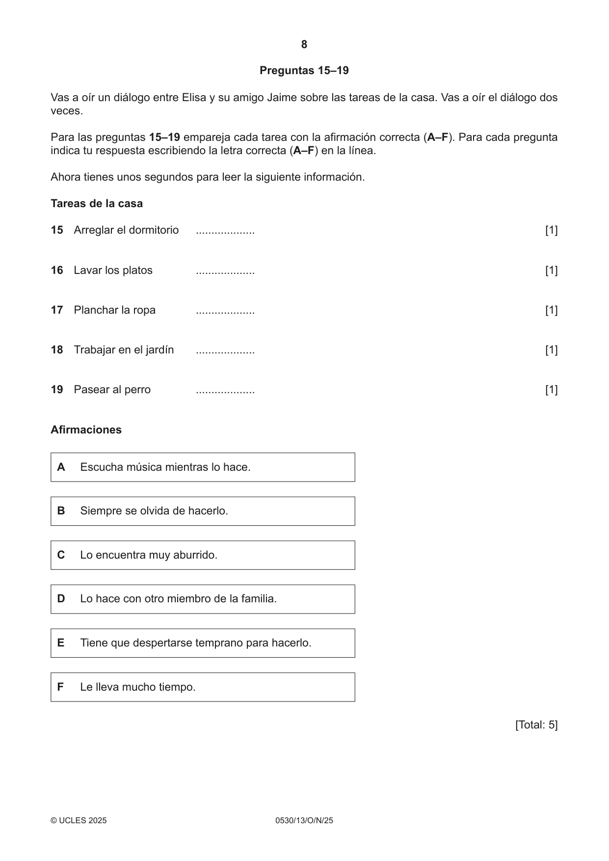 Cambridge IGCSE Spanish - Foreign Language 0530 2025 Oct/Nov Paper 1 · Variant 3 question paper, page 8 of 16