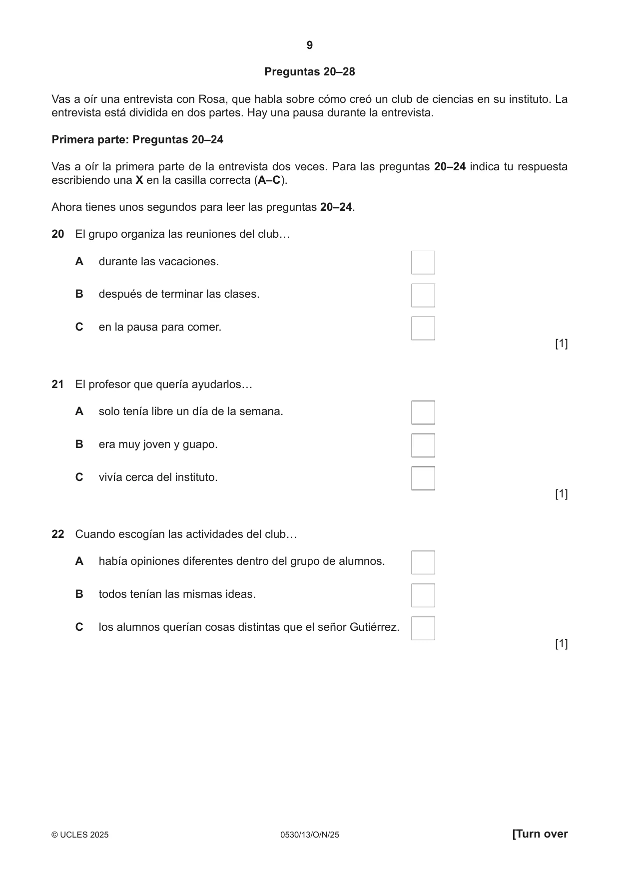 Cambridge IGCSE Spanish - Foreign Language 0530 2025 Oct/Nov Paper 1 · Variant 3 question paper, page 9 of 16