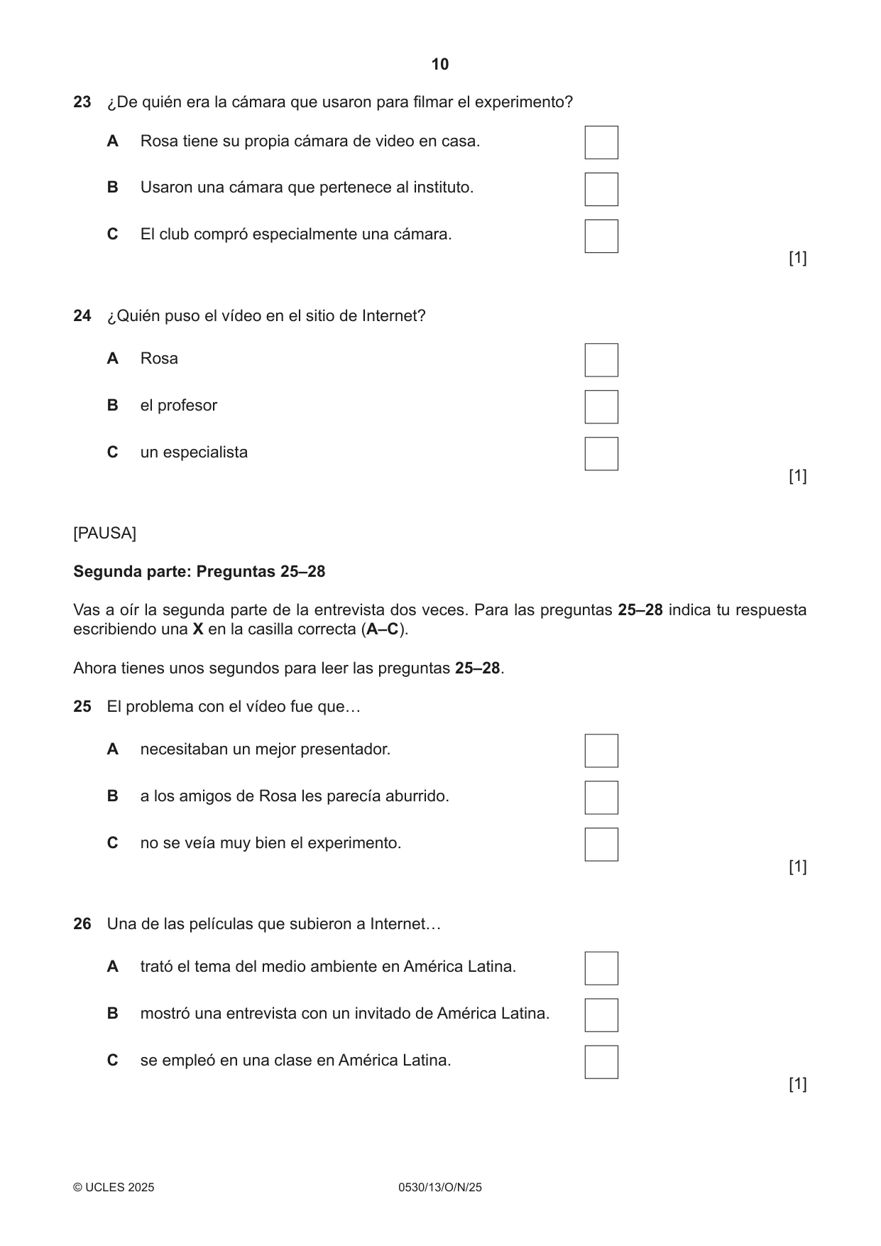 Cambridge IGCSE Spanish - Foreign Language 0530 2025 Oct/Nov Paper 1 · Variant 3 question paper, page 10 of 16