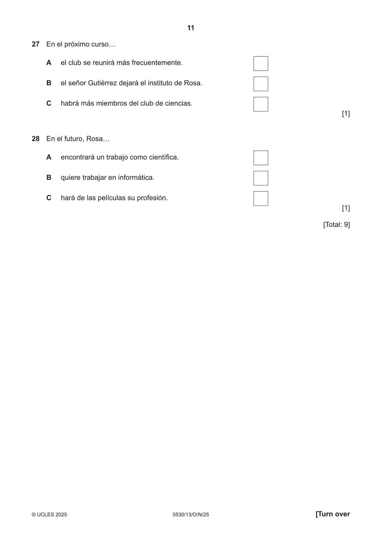 Cambridge IGCSE Spanish - Foreign Language 0530 2025 Oct/Nov Paper 1 · Variant 3 question paper, page 11 of 16