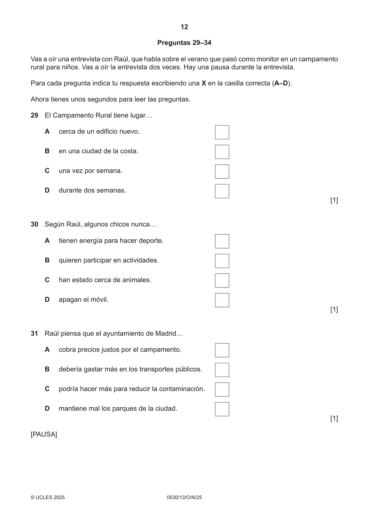 Cambridge IGCSE Spanish - Foreign Language 0530 2025 Oct/Nov Paper 1 · Variant 3 question paper, page 12 of 16