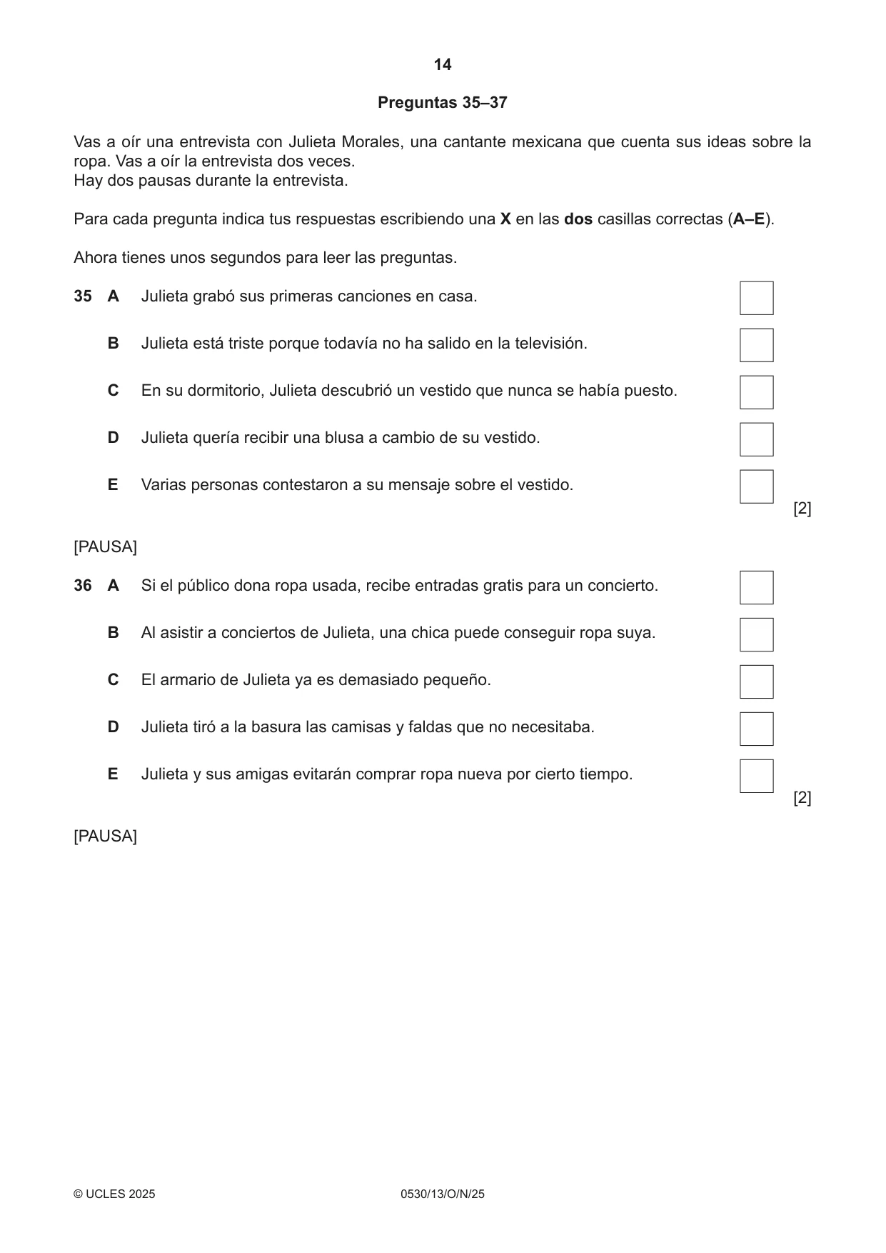 Cambridge IGCSE Spanish - Foreign Language 0530 2025 Oct/Nov Paper 1 · Variant 3 question paper, page 14 of 16