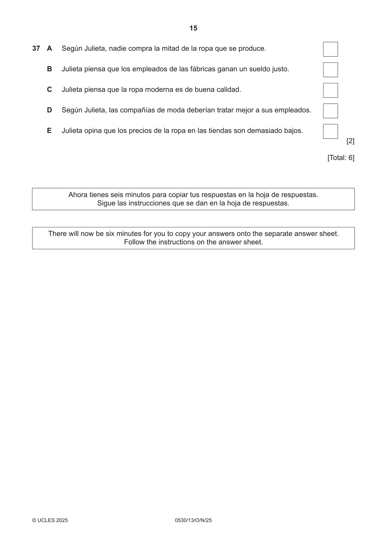 Cambridge IGCSE Spanish - Foreign Language 0530 2025 Oct/Nov Paper 1 · Variant 3 question paper, page 15 of 16