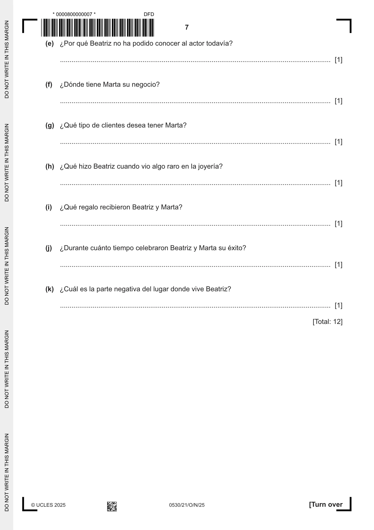 Cambridge IGCSE Spanish - Foreign Language 0530 2025 Oct/Nov Paper 2 · Variant 1 question paper, page 7 of 12