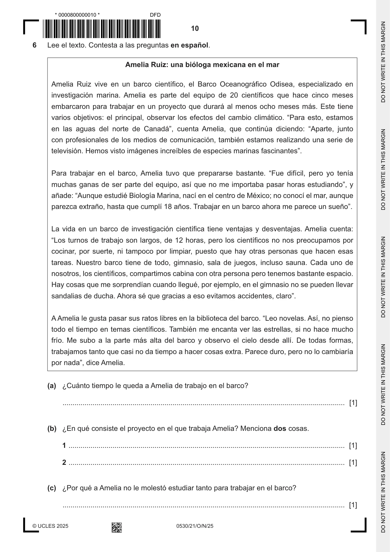 Cambridge IGCSE Spanish - Foreign Language 0530 2025 Oct/Nov Paper 2 · Variant 1 question paper, page 10 of 12