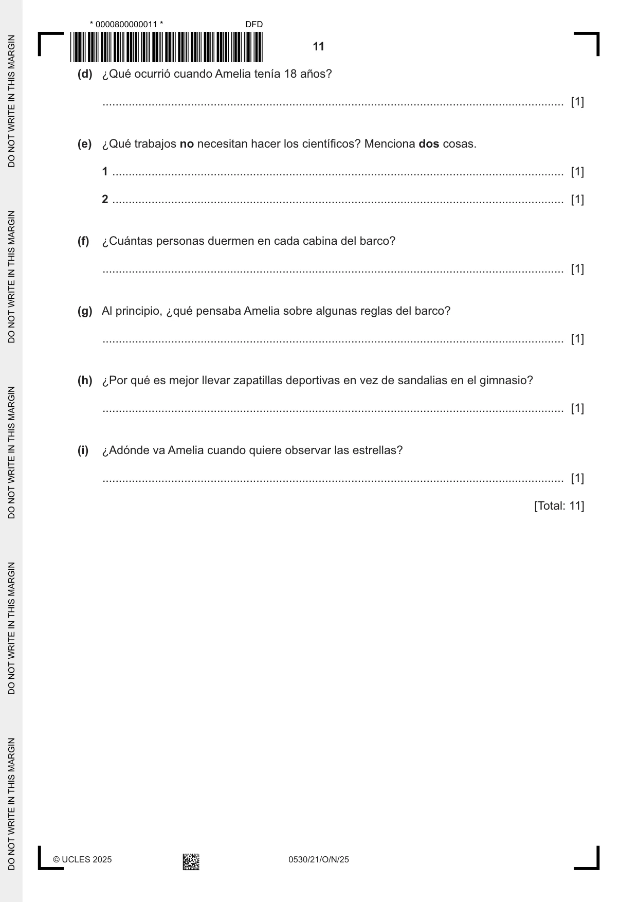 Cambridge IGCSE Spanish - Foreign Language 0530 2025 Oct/Nov Paper 2 · Variant 1 question paper, page 11 of 12