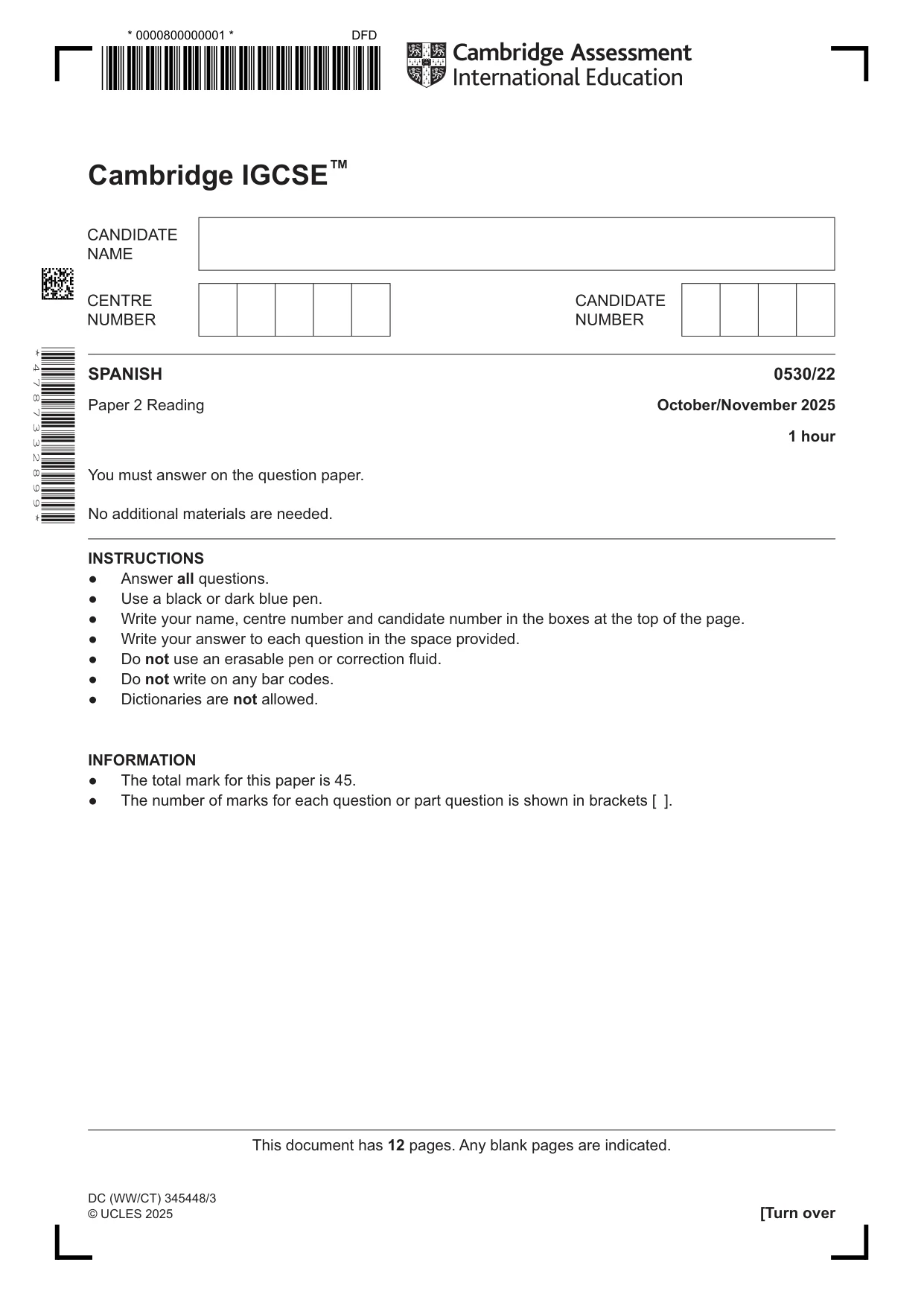Cambridge IGCSE Spanish - Foreign Language 0530 2025 Oct/Nov Paper 2 · Variant 2 question paper, page 1 of 12