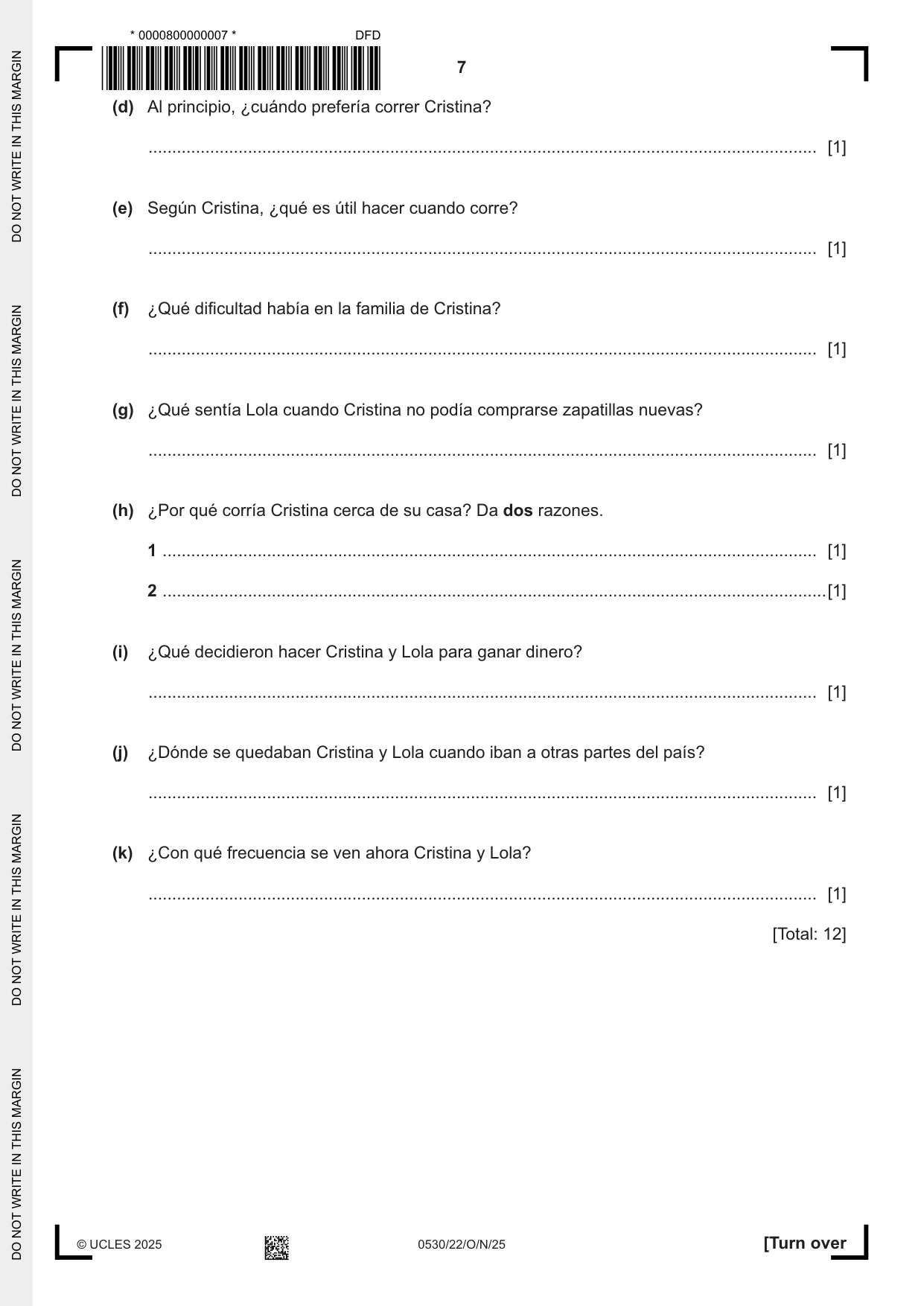 Cambridge IGCSE Spanish - Foreign Language 0530 2025 Oct/Nov Paper 2 · Variant 2 question paper, page 7 of 12