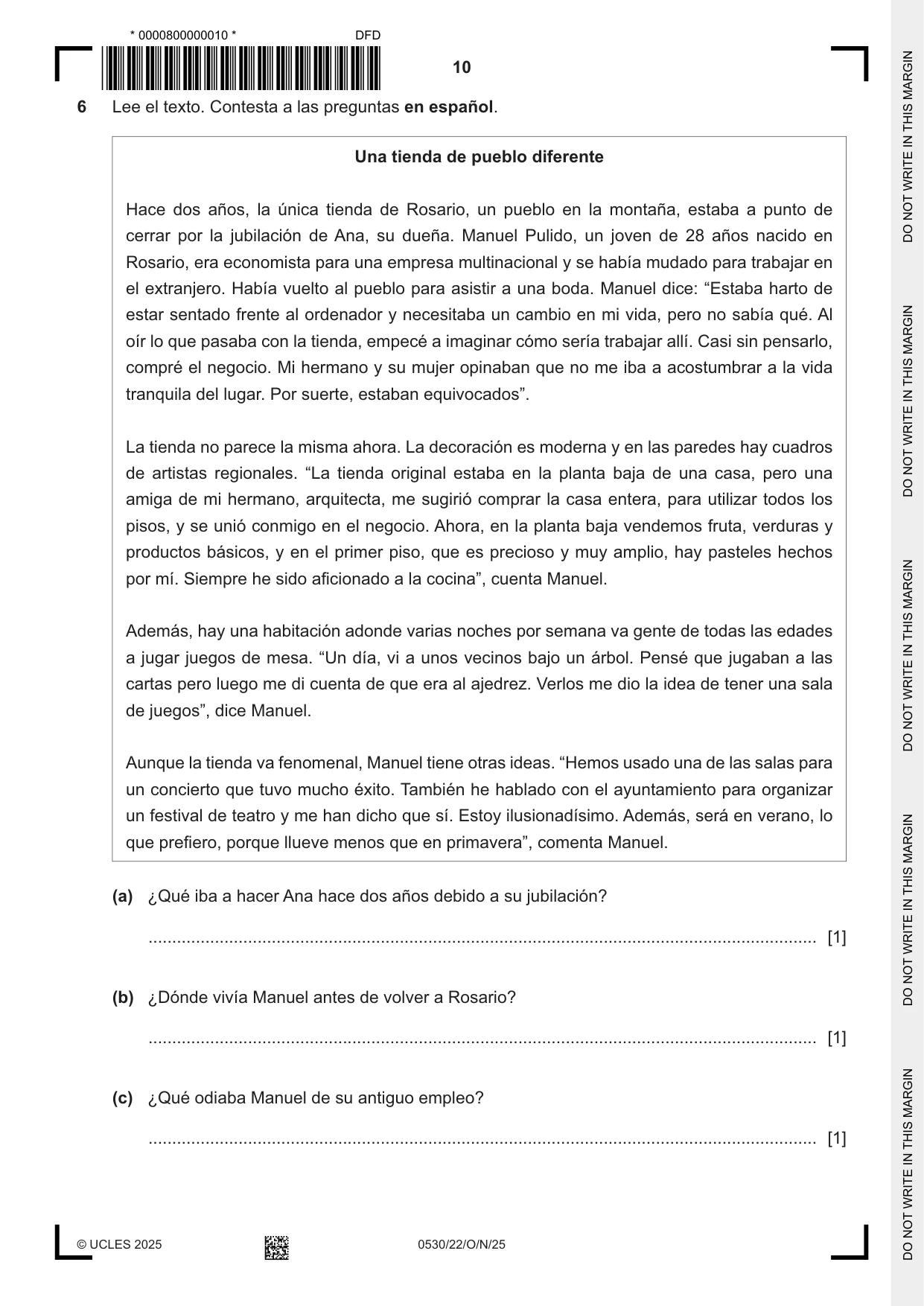 Cambridge IGCSE Spanish - Foreign Language 0530 2025 Oct/Nov Paper 2 · Variant 2 question paper, page 10 of 12