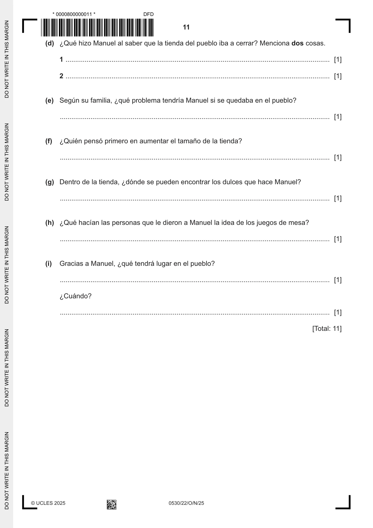 Cambridge IGCSE Spanish - Foreign Language 0530 2025 Oct/Nov Paper 2 · Variant 2 question paper, page 11 of 12