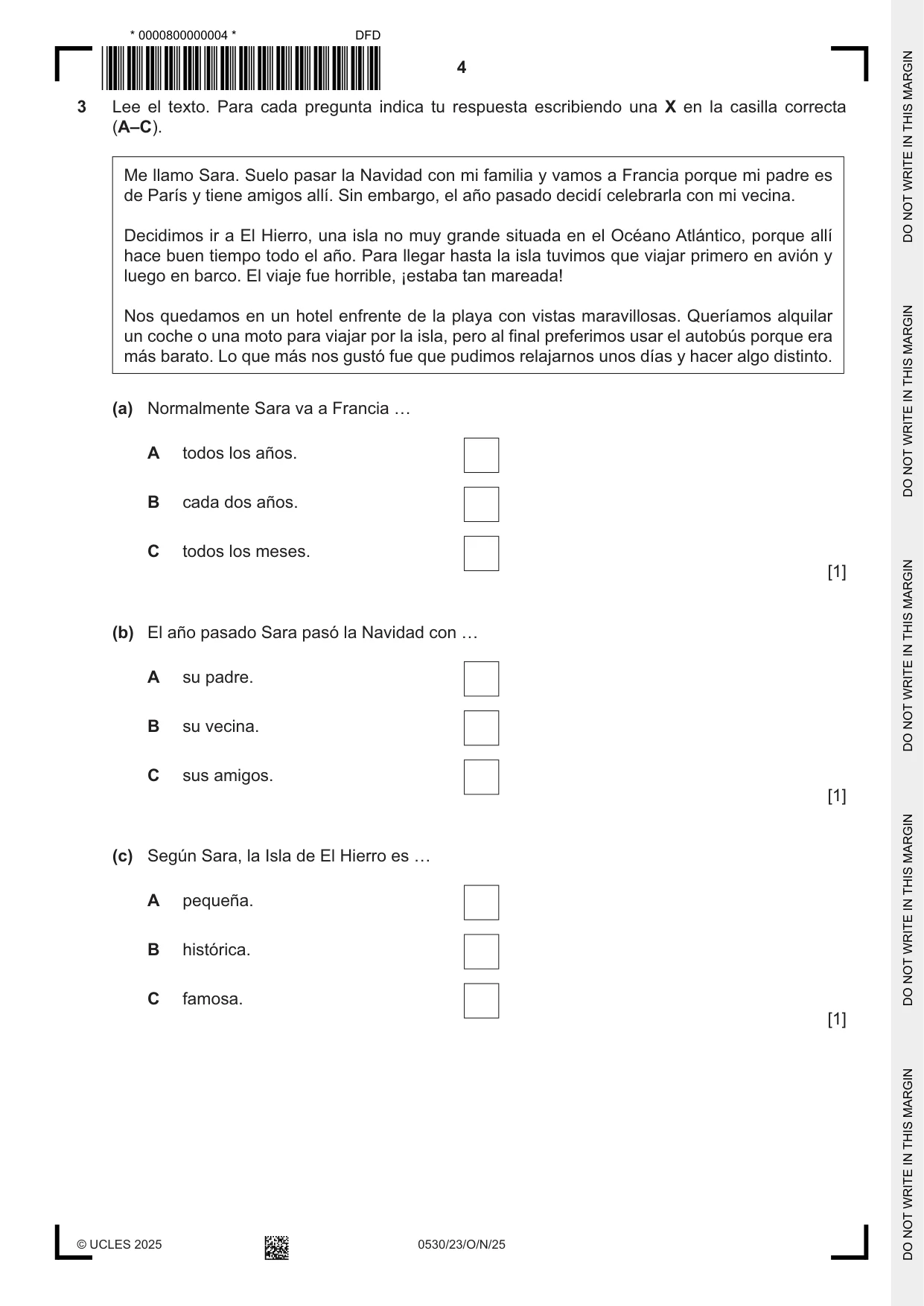 Cambridge IGCSE Spanish - Foreign Language 0530 2025 Oct/Nov Paper 2 · Variant 3 question paper, page 4 of 12