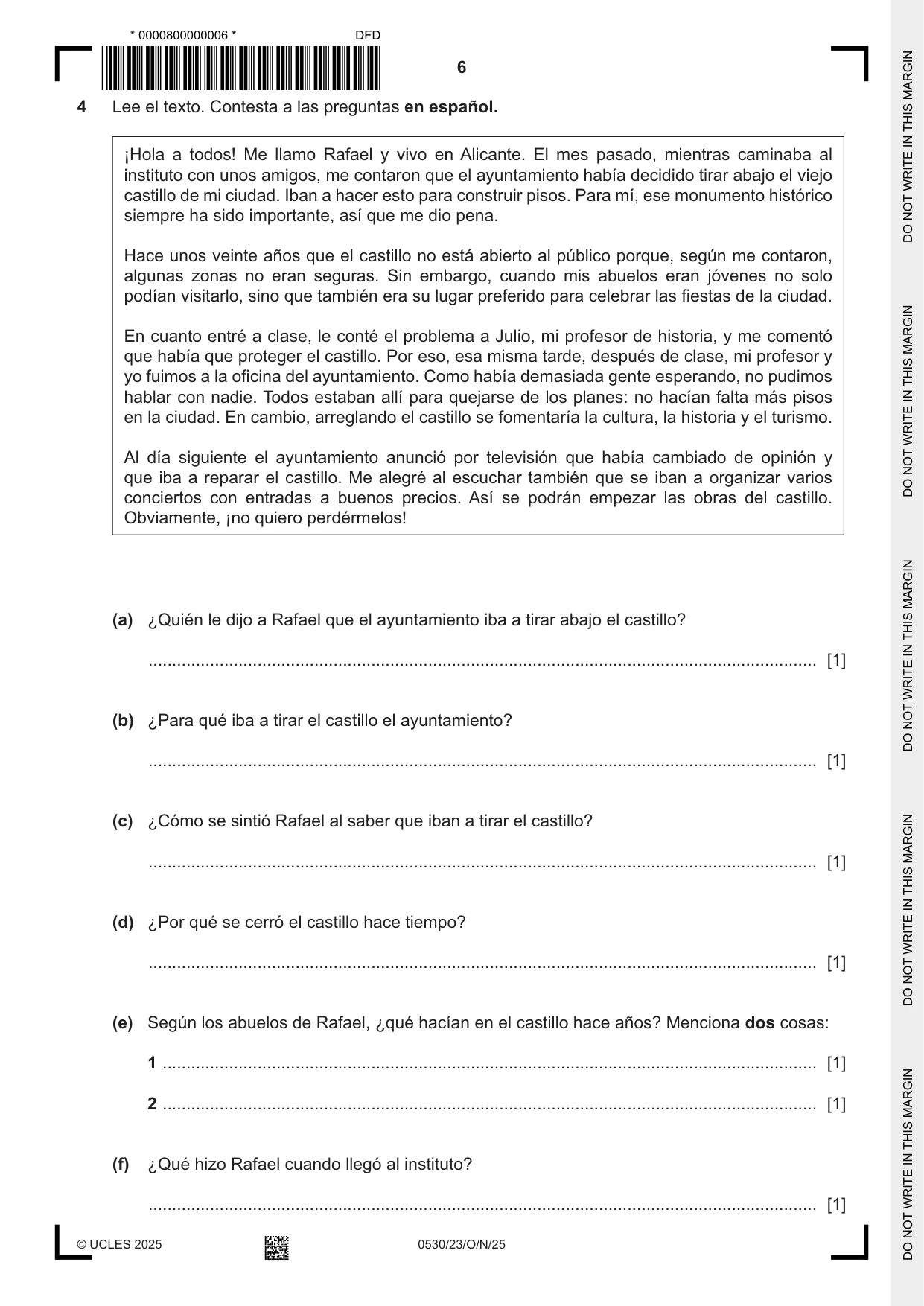 Cambridge IGCSE Spanish - Foreign Language 0530 2025 Oct/Nov Paper 2 · Variant 3 question paper, page 6 of 12