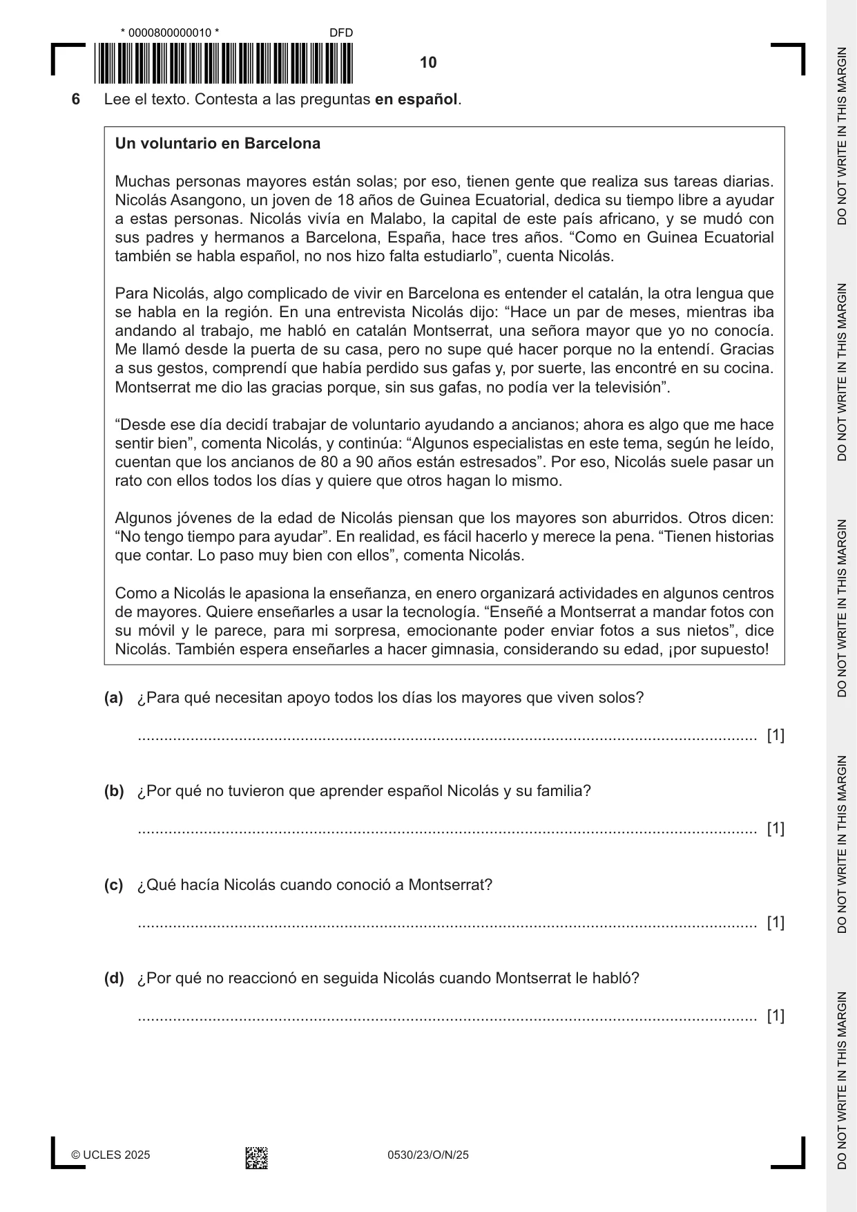 Cambridge IGCSE Spanish - Foreign Language 0530 2025 Oct/Nov Paper 2 · Variant 3 question paper, page 10 of 12