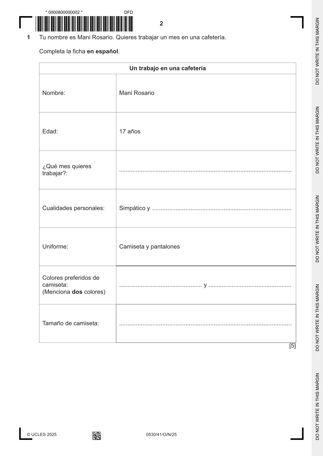 Cambridge IGCSE Spanish - Foreign Language 0530 2025 Oct/Nov Paper 4 · Variant 1 question paper, page 2 of 8