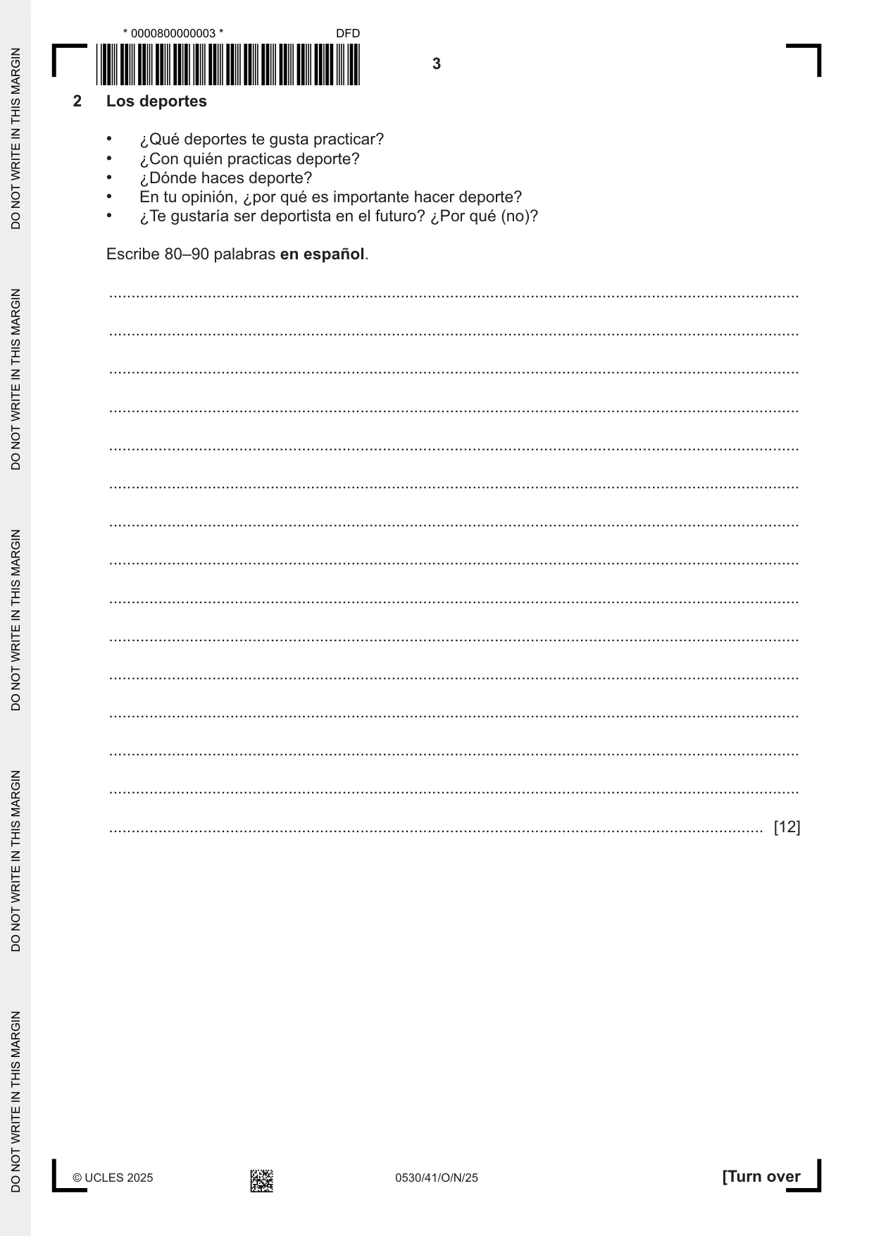 Cambridge IGCSE Spanish - Foreign Language 0530 2025 Oct/Nov Paper 4 · Variant 1 question paper, page 3 of 8
