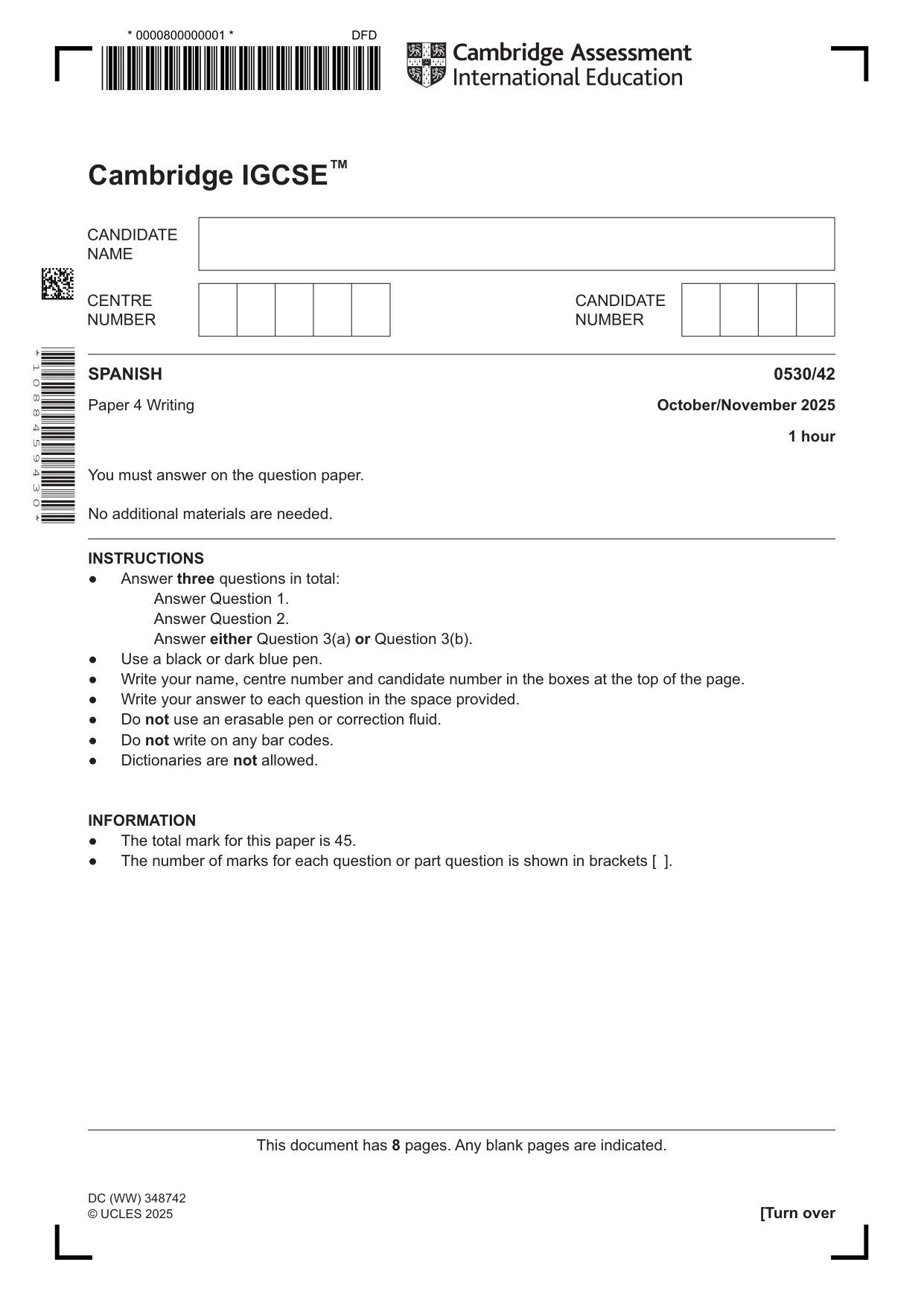 Cambridge IGCSE Spanish - Foreign Language 0530 2025 Oct/Nov Paper 4 · Variant 2 question paper, page 1 of 8