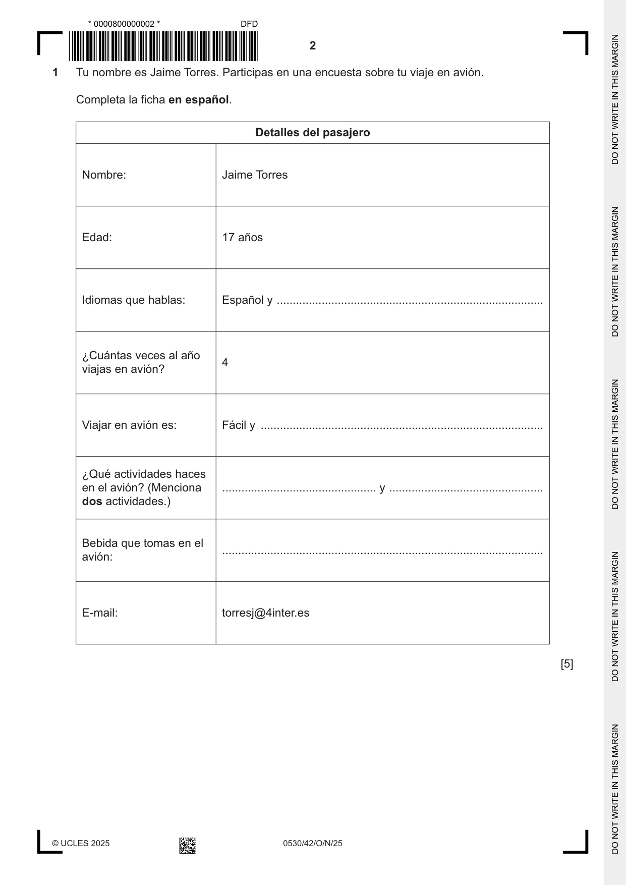 Cambridge IGCSE Spanish - Foreign Language 0530 2025 Oct/Nov Paper 4 · Variant 2 question paper, page 2 of 8