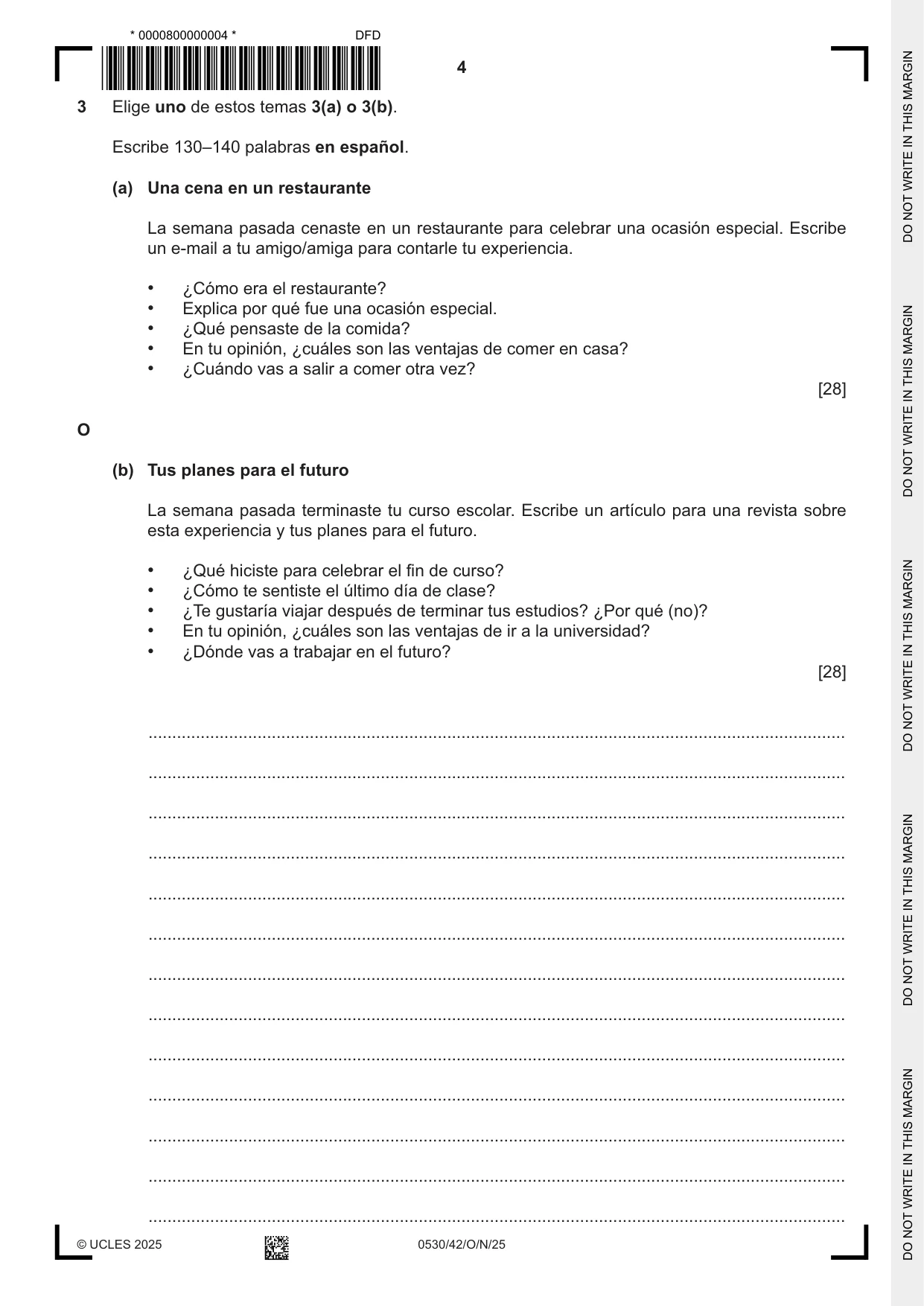 Cambridge IGCSE Spanish - Foreign Language 0530 2025 Oct/Nov Paper 4 · Variant 2 question paper, page 4 of 8