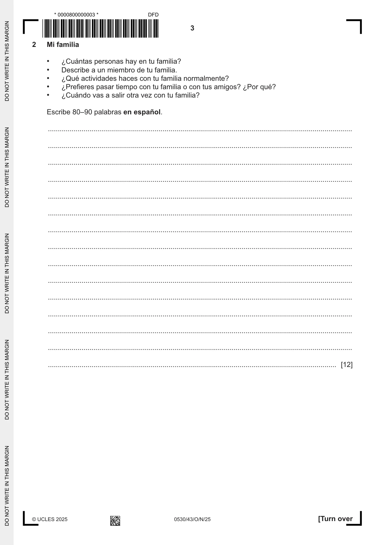 Cambridge IGCSE Spanish - Foreign Language 0530 2025 Oct/Nov Paper 4 · Variant 3 question paper, page 3 of 8
