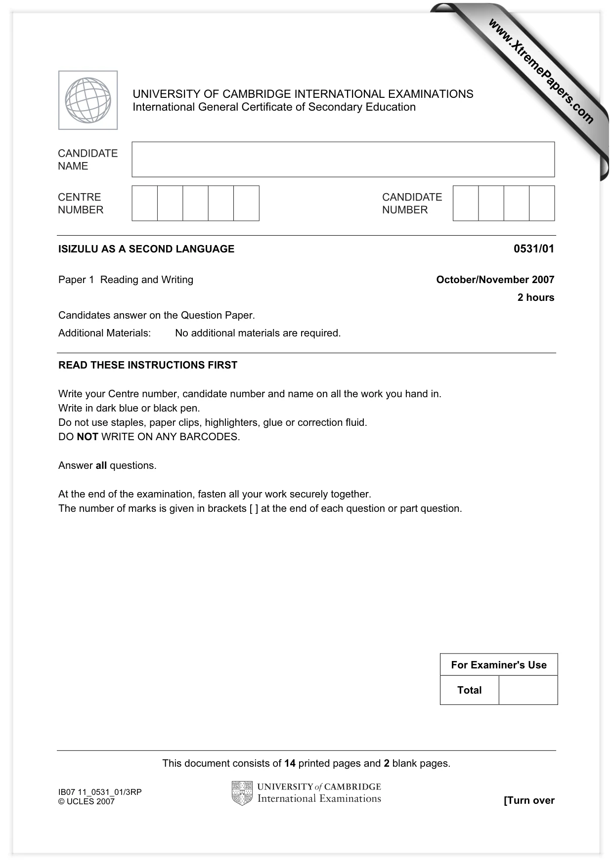 Cambridge IGCSE IsiZulu as a Second Language 0531 2007 Oct/Nov Paper 1 · Variant 0 question paper, page 1 of 16