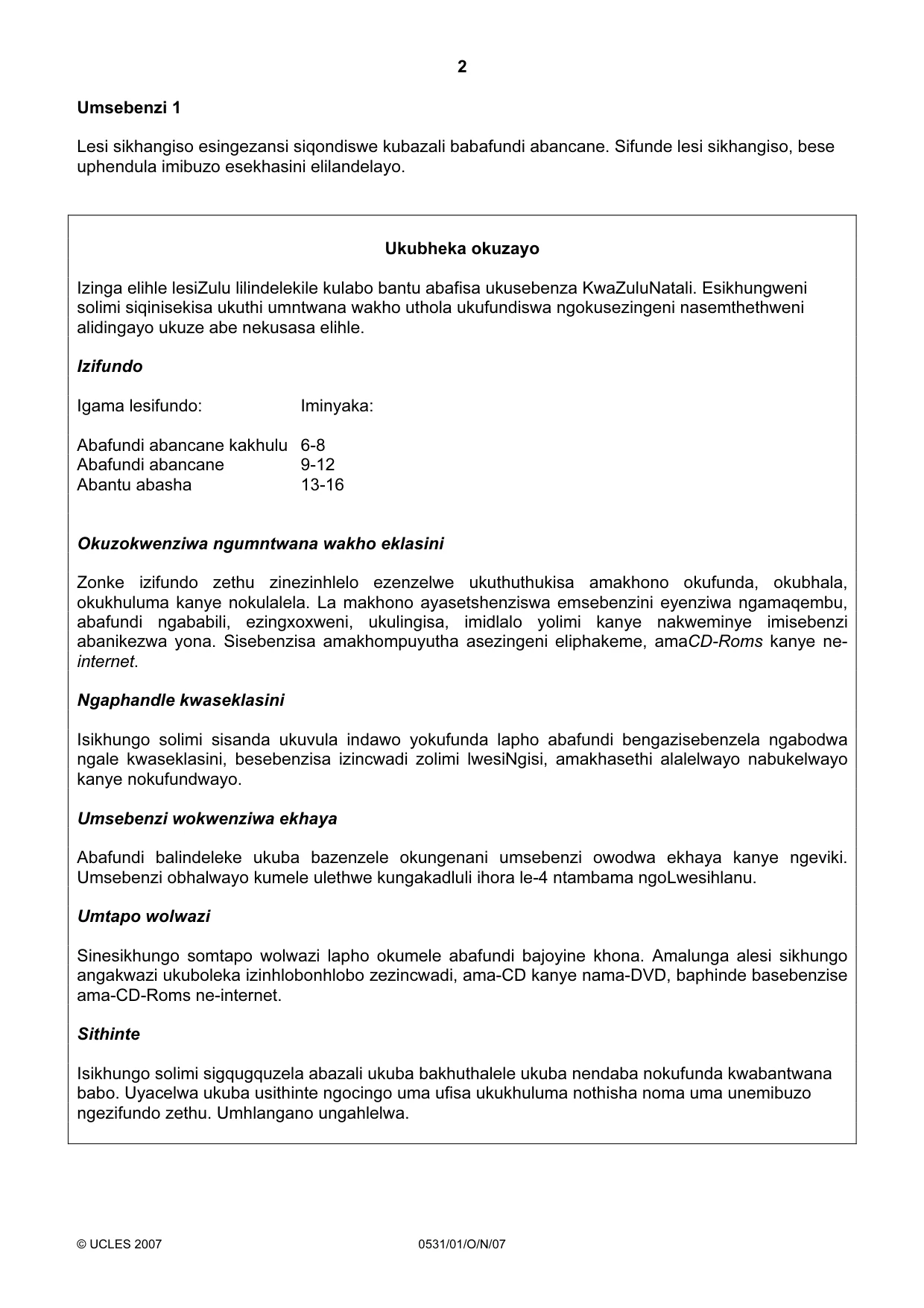 Cambridge IGCSE IsiZulu as a Second Language 0531 2007 Oct/Nov Paper 1 · Variant 0 question paper, page 2 of 16