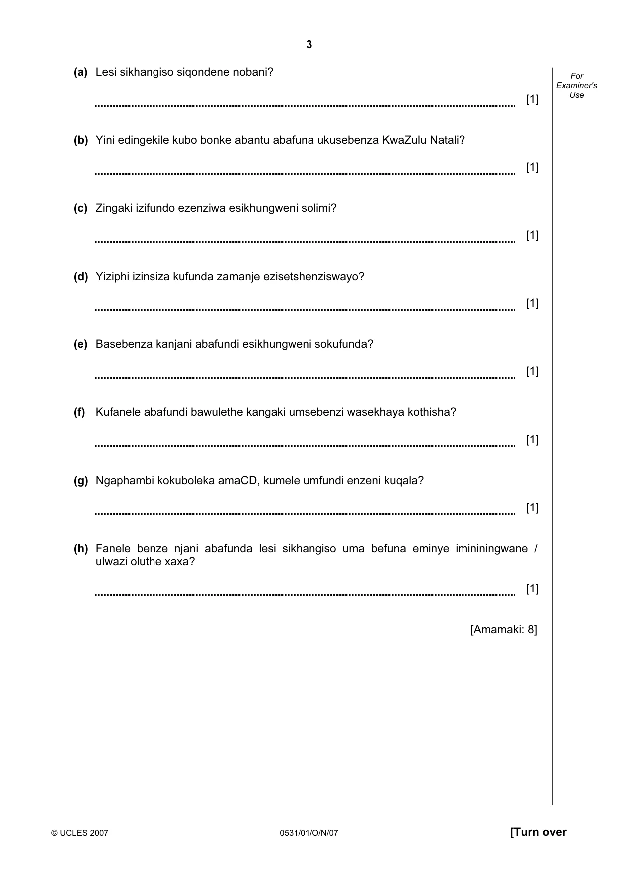 Cambridge IGCSE IsiZulu as a Second Language 0531 2007 Oct/Nov Paper 1 · Variant 0 question paper, page 3 of 16