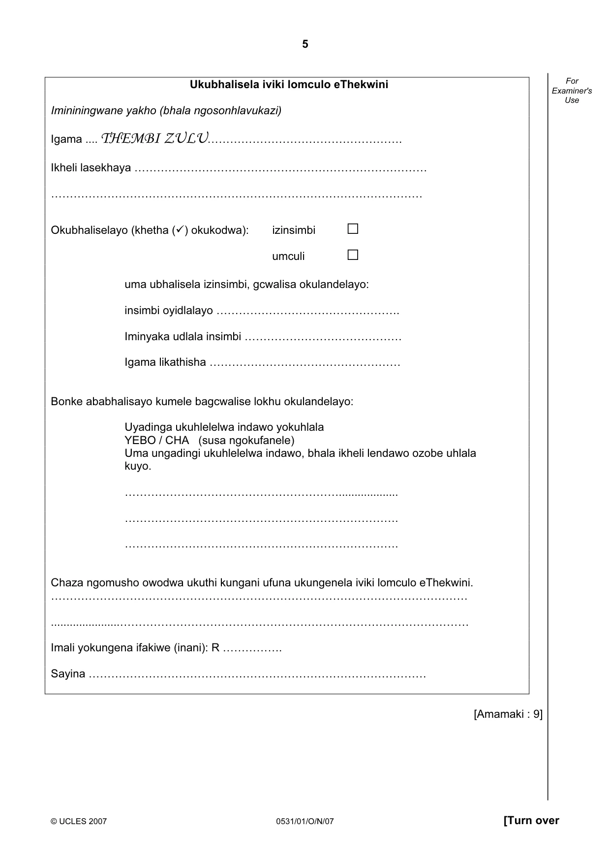 Cambridge IGCSE IsiZulu as a Second Language 0531 2007 Oct/Nov Paper 1 · Variant 0 question paper, page 5 of 16