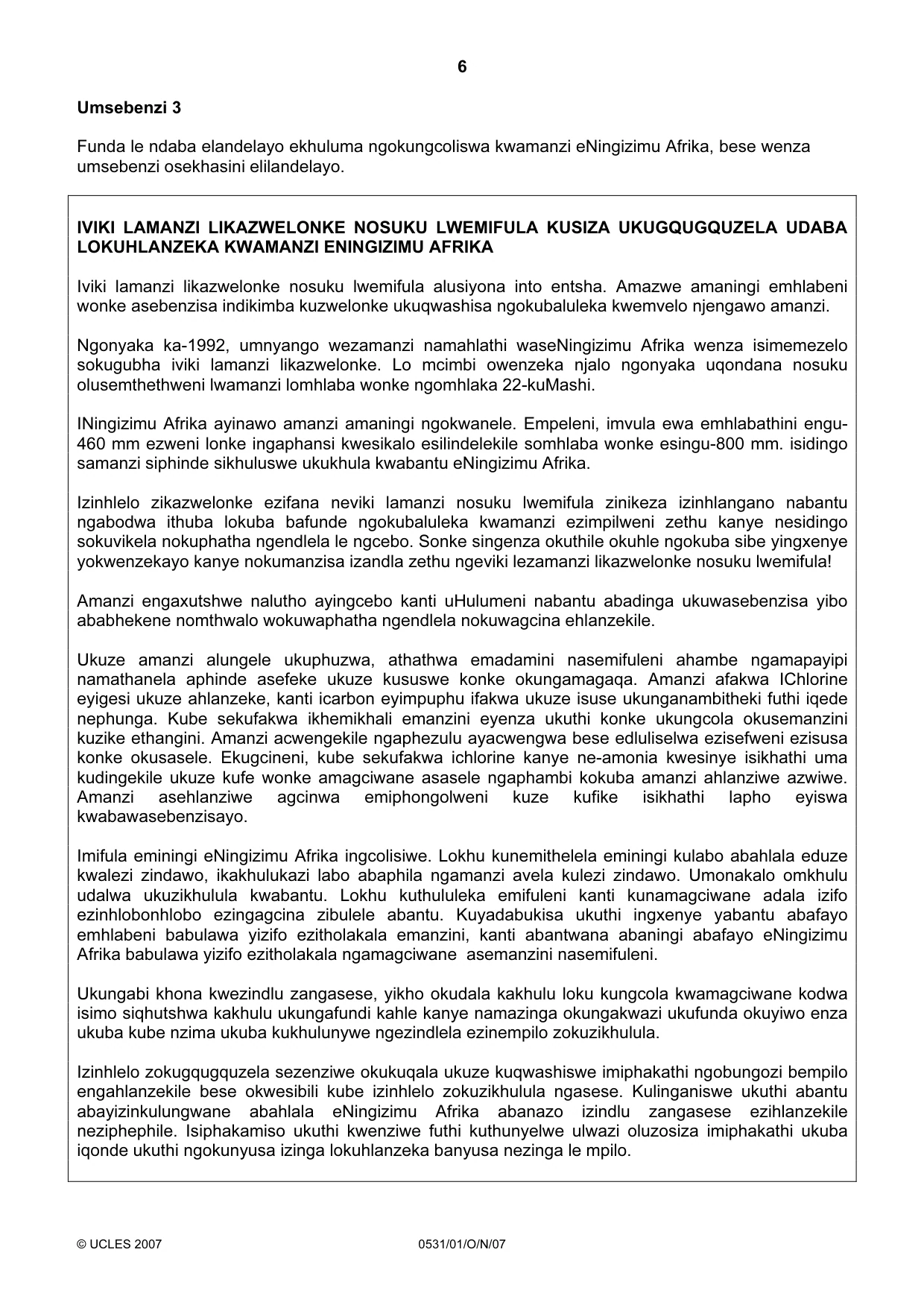 Cambridge IGCSE IsiZulu as a Second Language 0531 2007 Oct/Nov Paper 1 · Variant 0 question paper, page 6 of 16