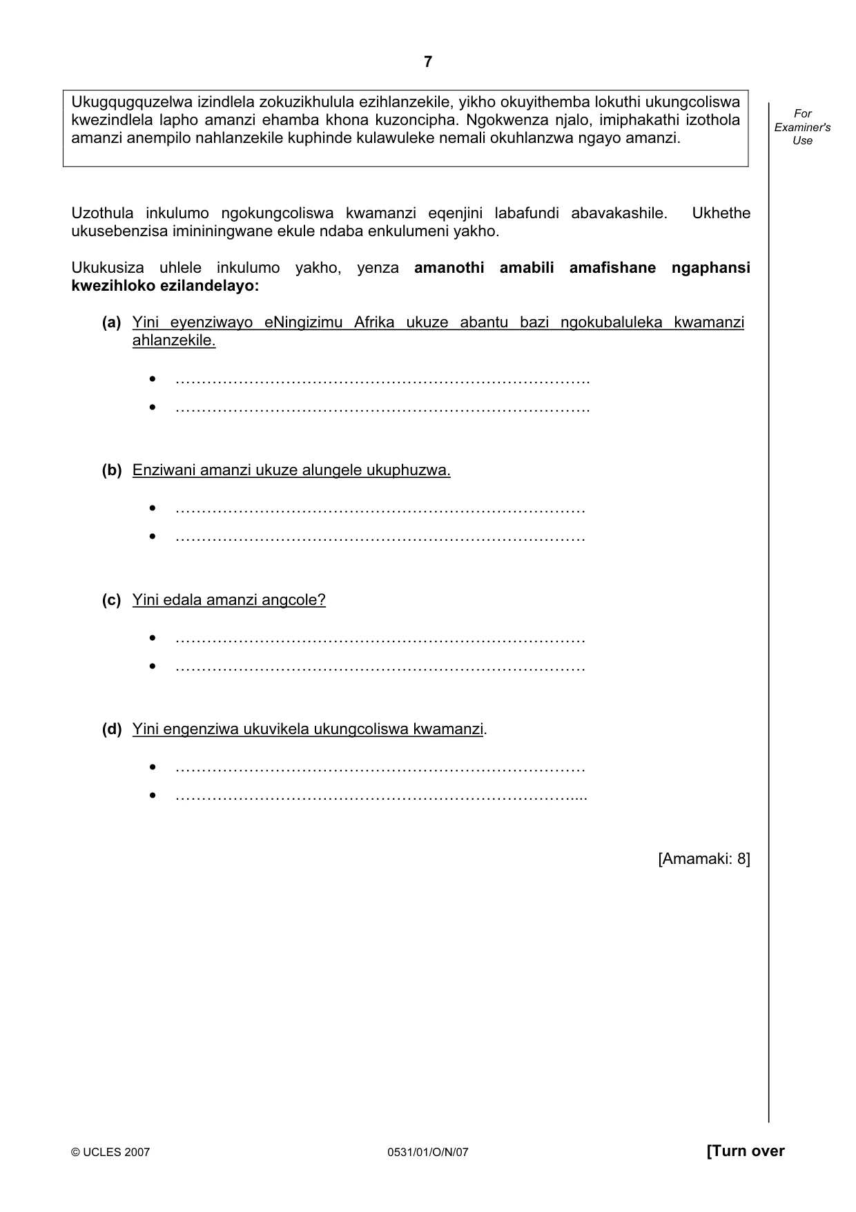 Cambridge IGCSE IsiZulu as a Second Language 0531 2007 Oct/Nov Paper 1 · Variant 0 question paper, page 7 of 16