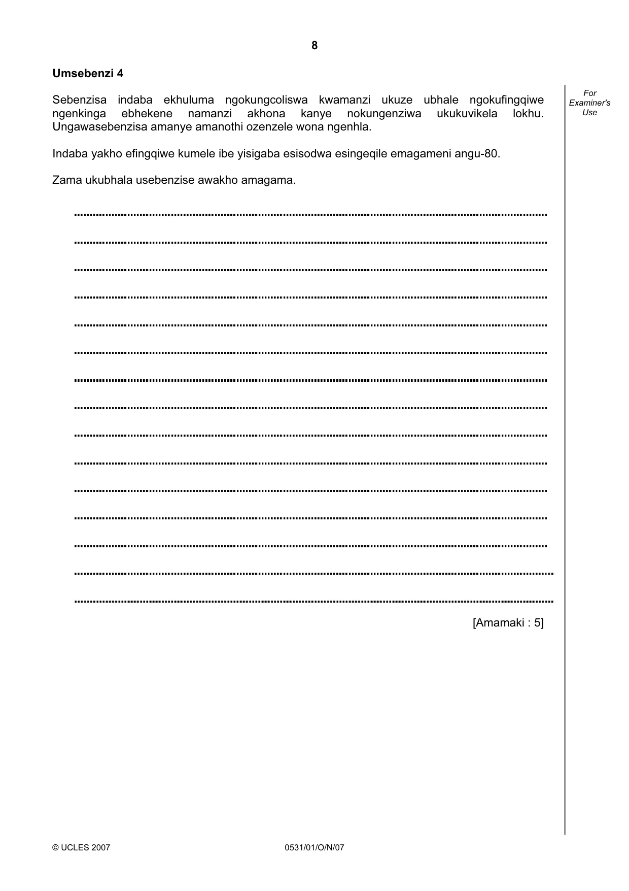 Cambridge IGCSE IsiZulu as a Second Language 0531 2007 Oct/Nov Paper 1 · Variant 0 question paper, page 8 of 16