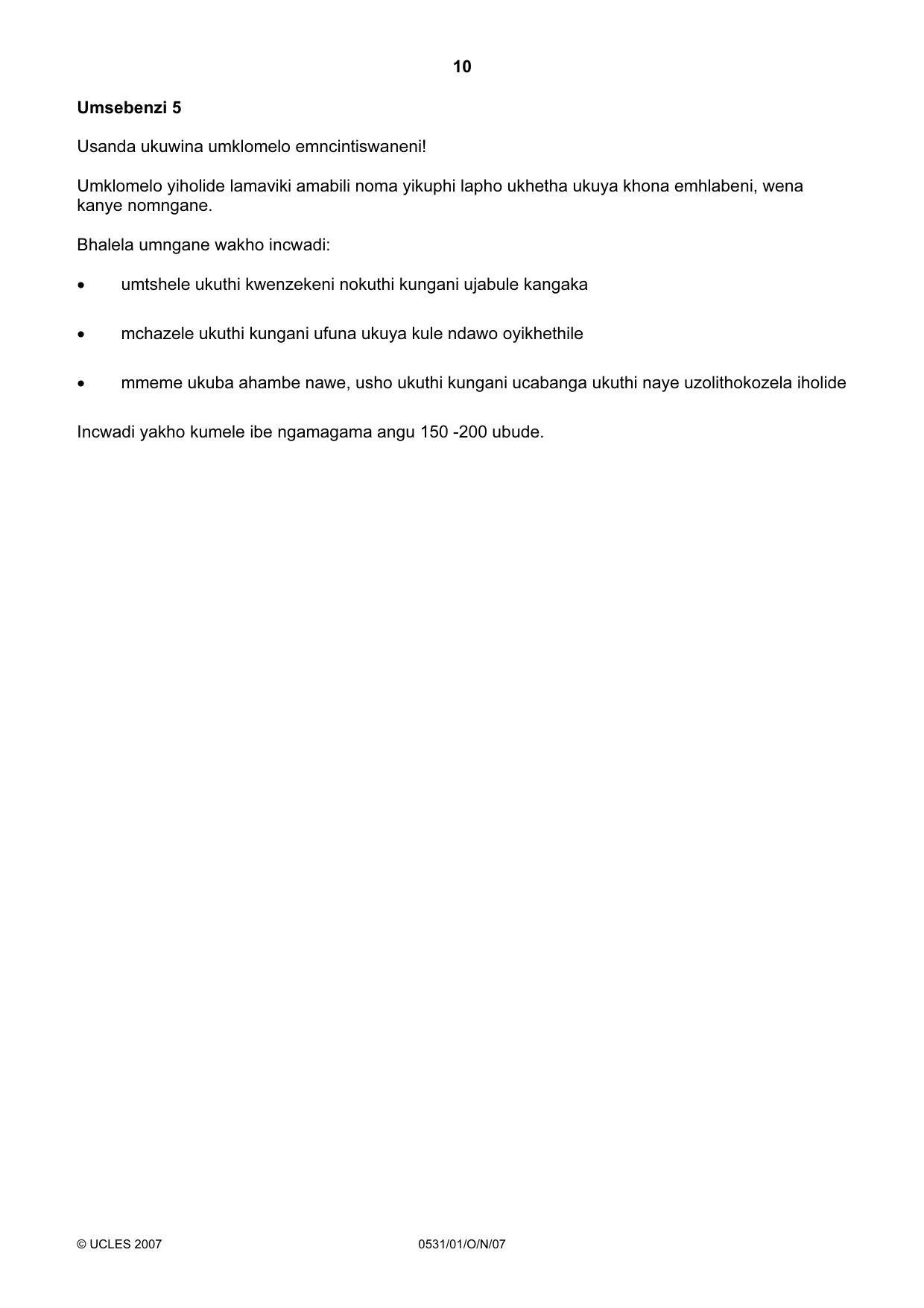 Cambridge IGCSE IsiZulu as a Second Language 0531 2007 Oct/Nov Paper 1 · Variant 0 question paper, page 10 of 16