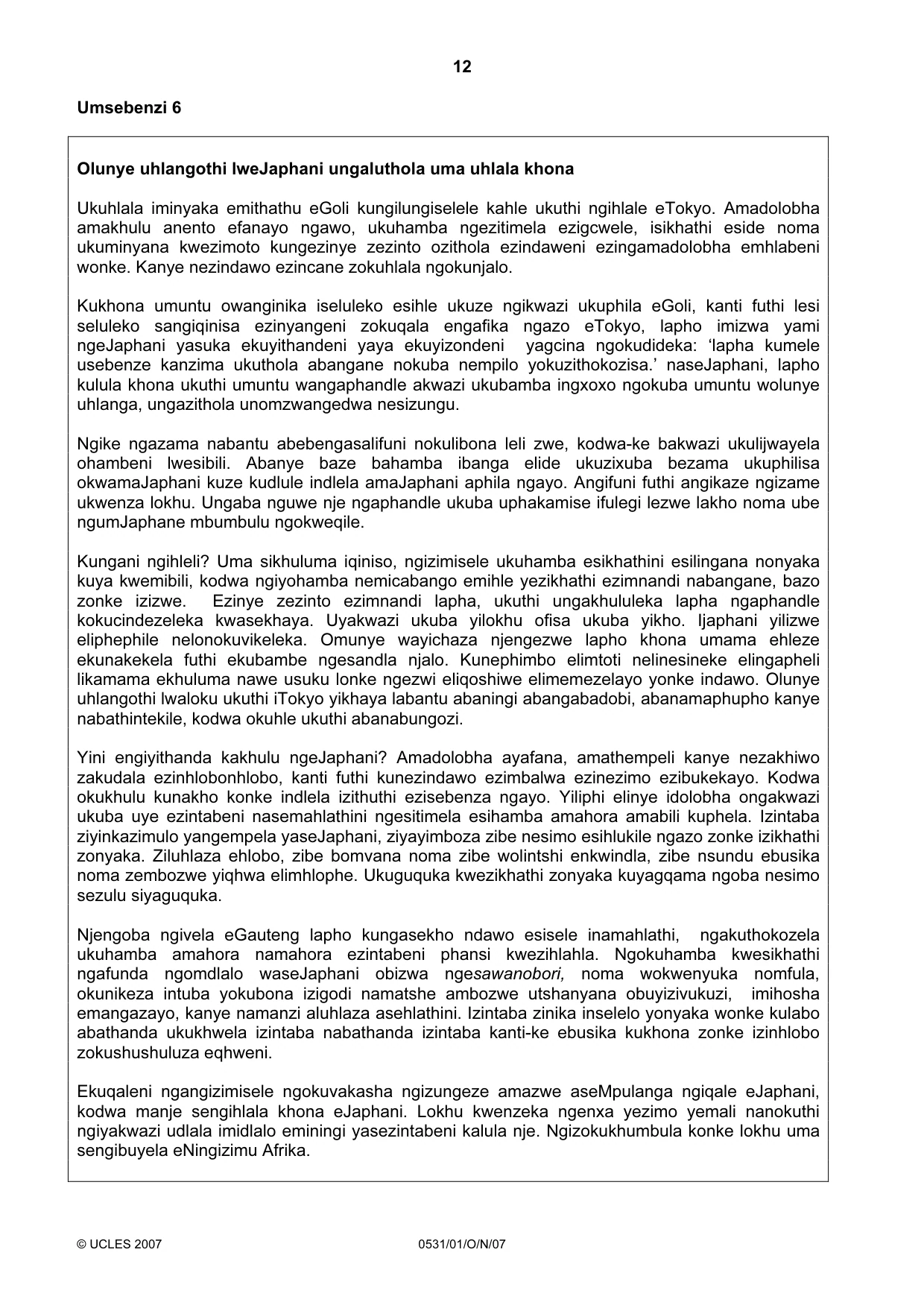 Cambridge IGCSE IsiZulu as a Second Language 0531 2007 Oct/Nov Paper 1 · Variant 0 question paper, page 12 of 16
