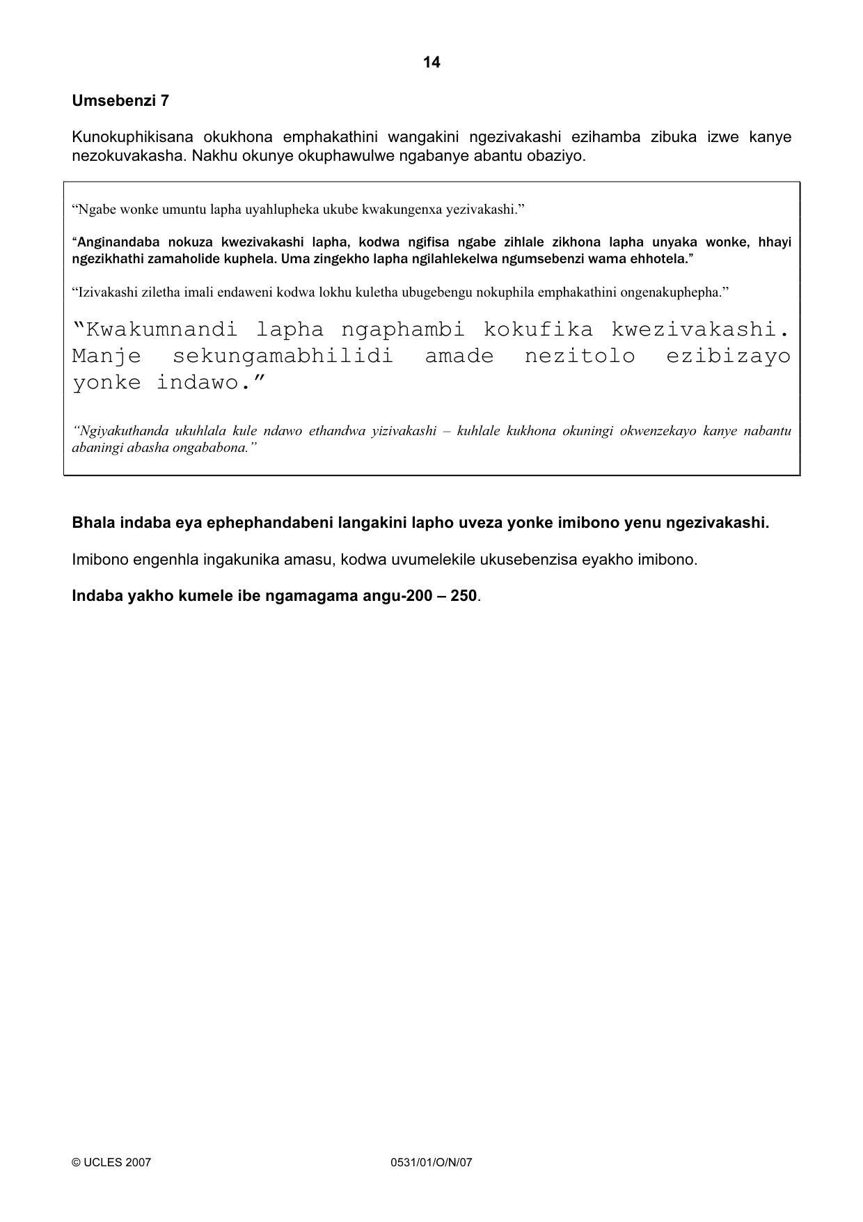 Cambridge IGCSE IsiZulu as a Second Language 0531 2007 Oct/Nov Paper 1 · Variant 0 question paper, page 14 of 16