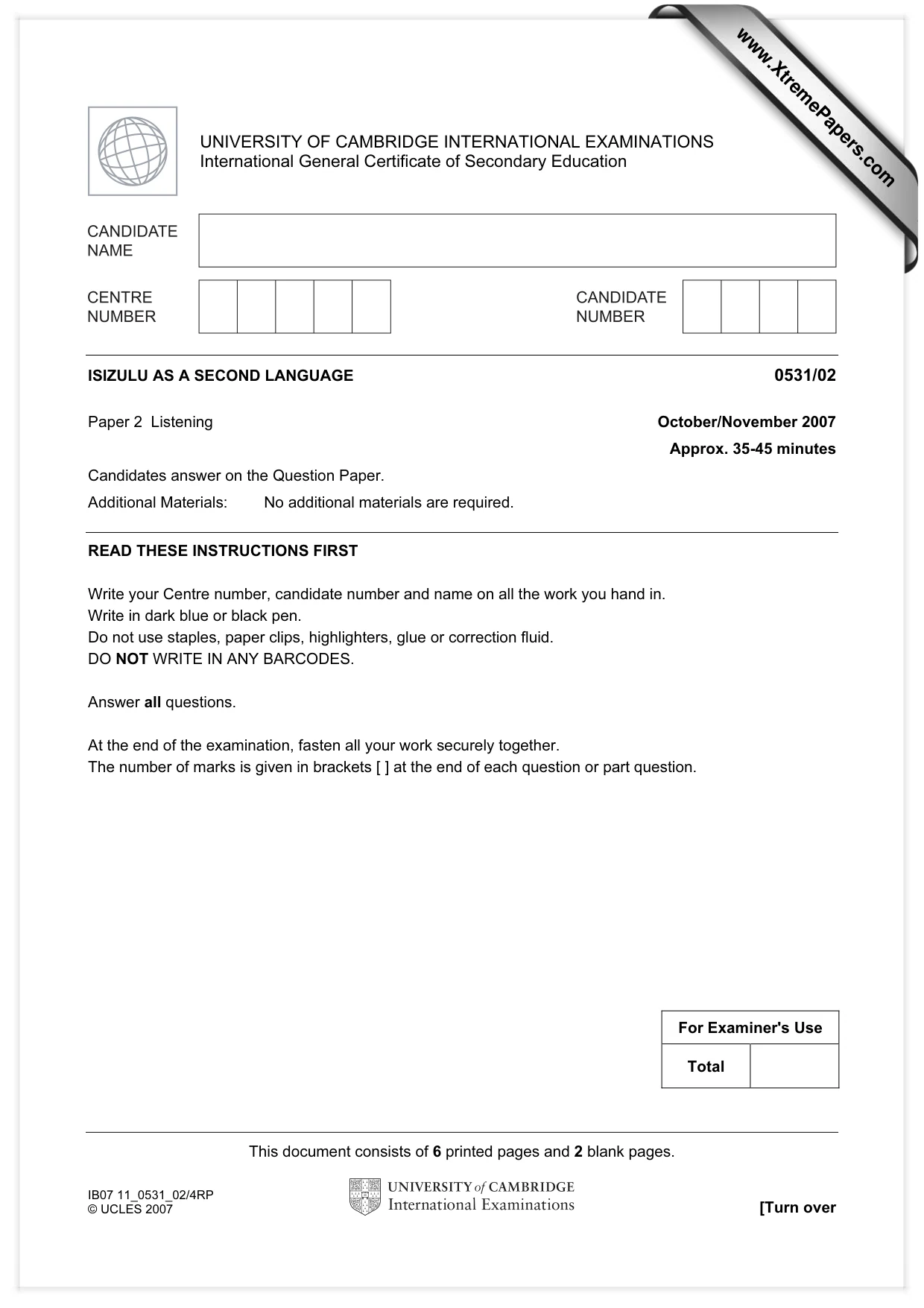 Cambridge IGCSE IsiZulu as a Second Language 0531 2007 Oct/Nov Paper 2 · Variant 0 question paper, page 1 of 8