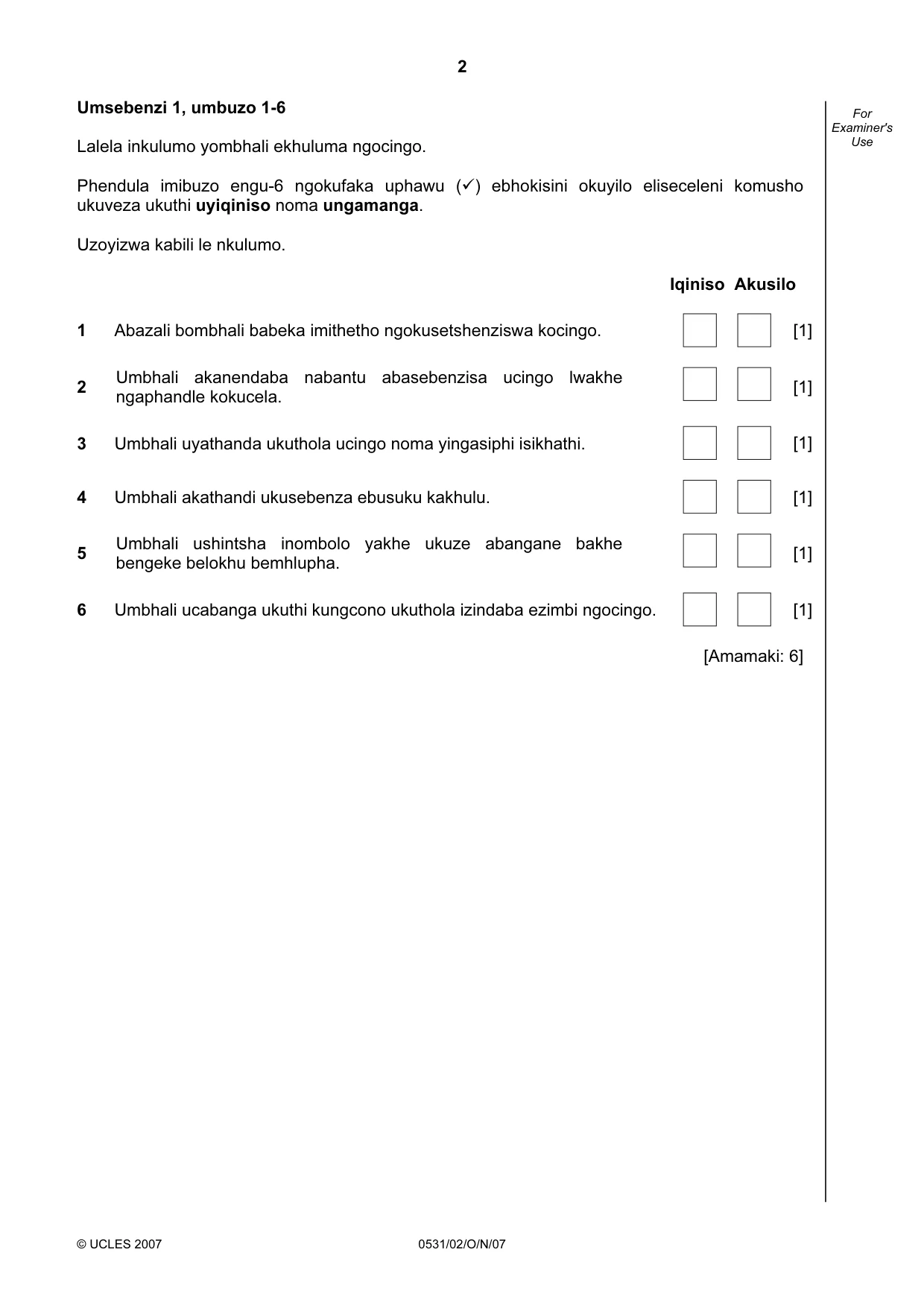 Cambridge IGCSE IsiZulu as a Second Language 0531 2007 Oct/Nov Paper 2 · Variant 0 question paper, page 2 of 8