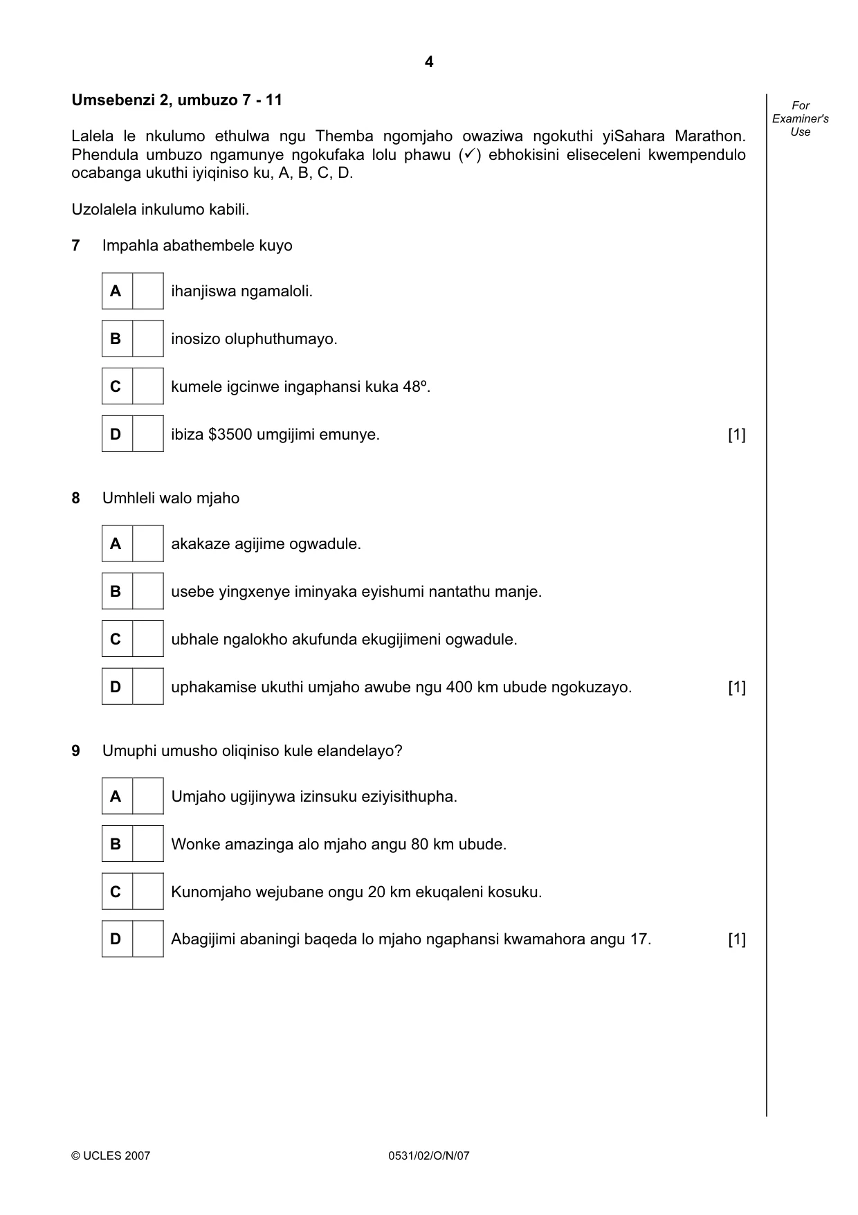Cambridge IGCSE IsiZulu as a Second Language 0531 2007 Oct/Nov Paper 2 · Variant 0 question paper, page 4 of 8