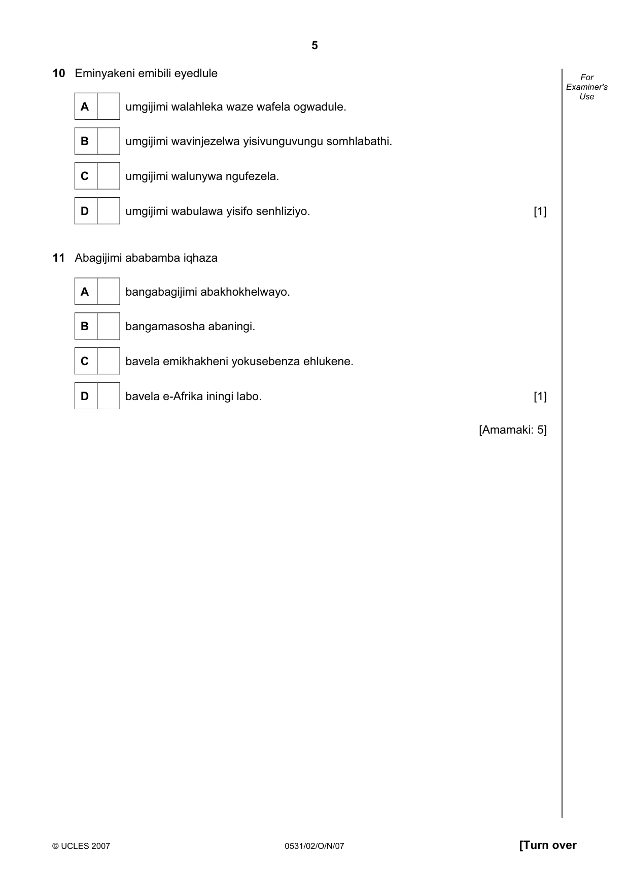 Cambridge IGCSE IsiZulu as a Second Language 0531 2007 Oct/Nov Paper 2 · Variant 0 question paper, page 5 of 8