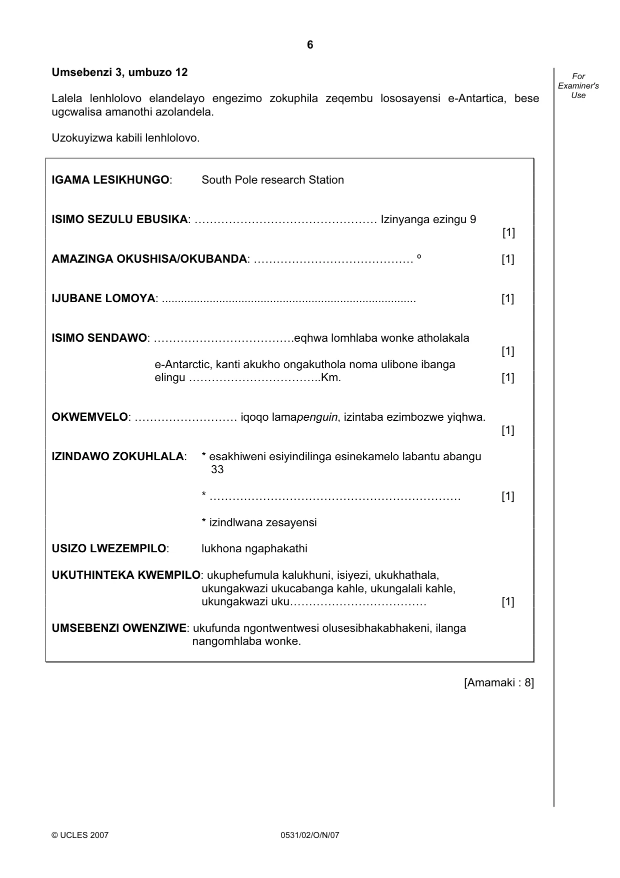 Cambridge IGCSE IsiZulu as a Second Language 0531 2007 Oct/Nov Paper 2 · Variant 0 question paper, page 6 of 8
