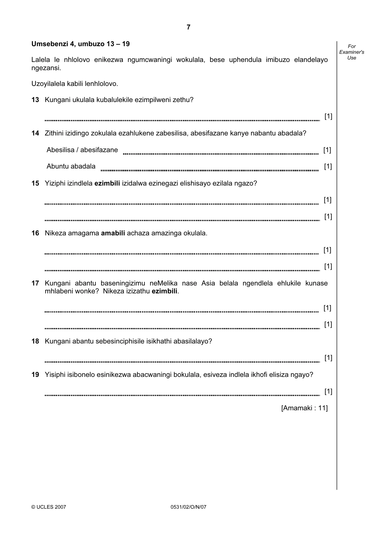 Cambridge IGCSE IsiZulu as a Second Language 0531 2007 Oct/Nov Paper 2 · Variant 0 question paper, page 7 of 8