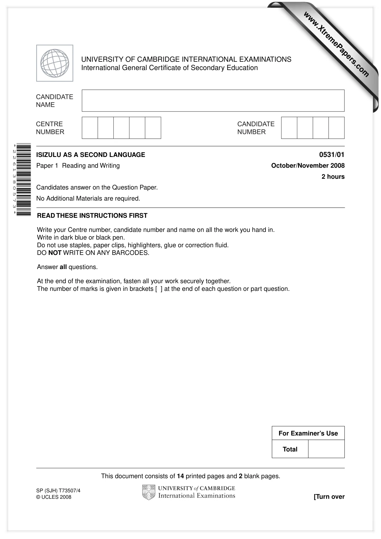 Cambridge IGCSE IsiZulu as a Second Language 0531 2008 Oct/Nov Paper 1 · Variant 1 question paper, page 1 of 16