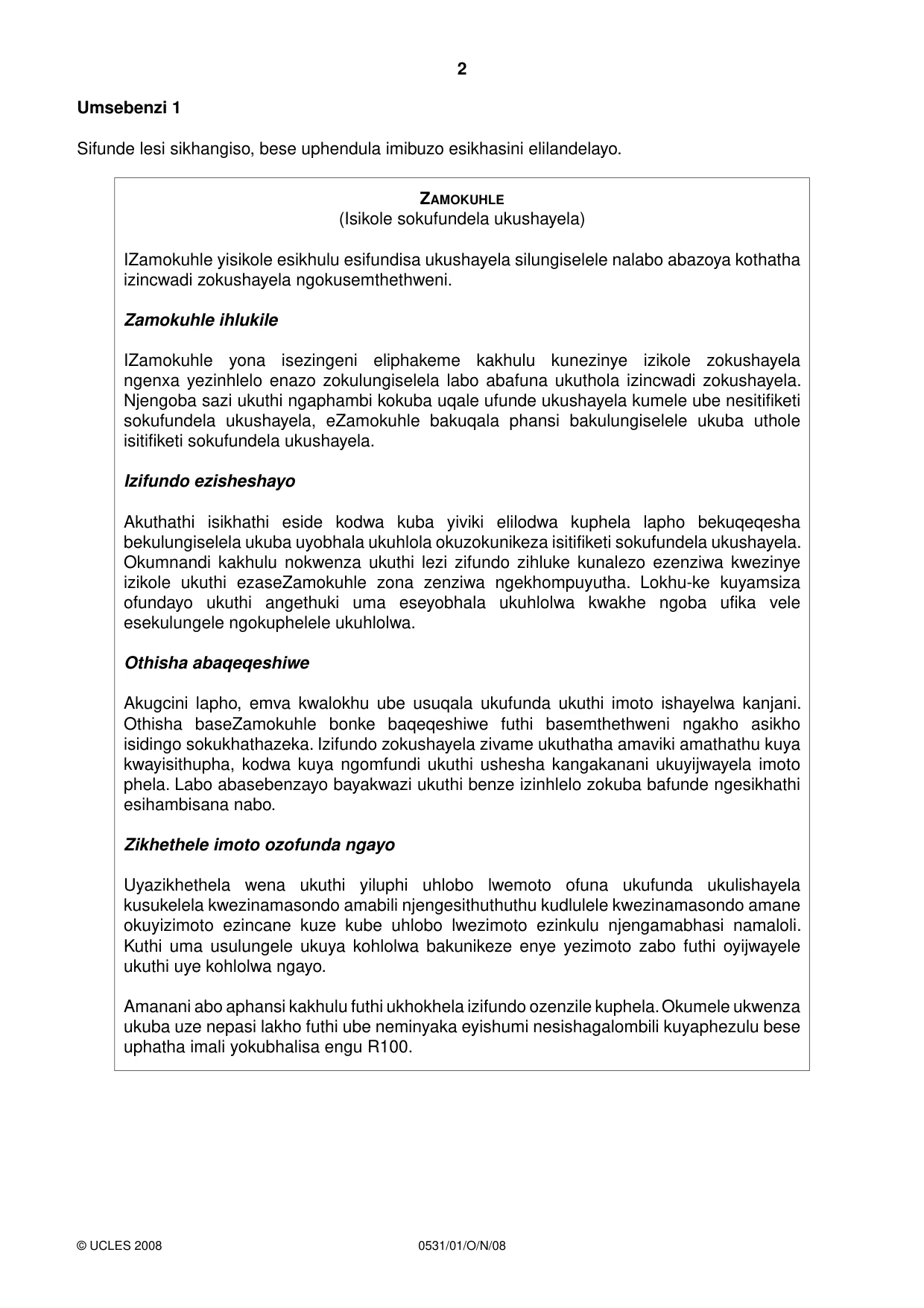 Cambridge IGCSE IsiZulu as a Second Language 0531 2008 Oct/Nov Paper 1 · Variant 1 question paper, page 2 of 16