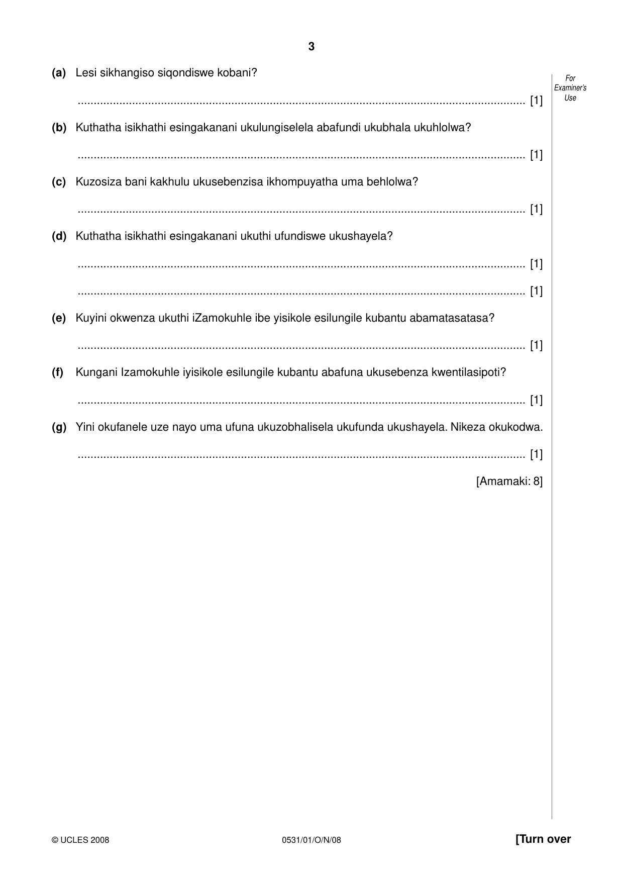Cambridge IGCSE IsiZulu as a Second Language 0531 2008 Oct/Nov Paper 1 · Variant 1 question paper, page 3 of 16