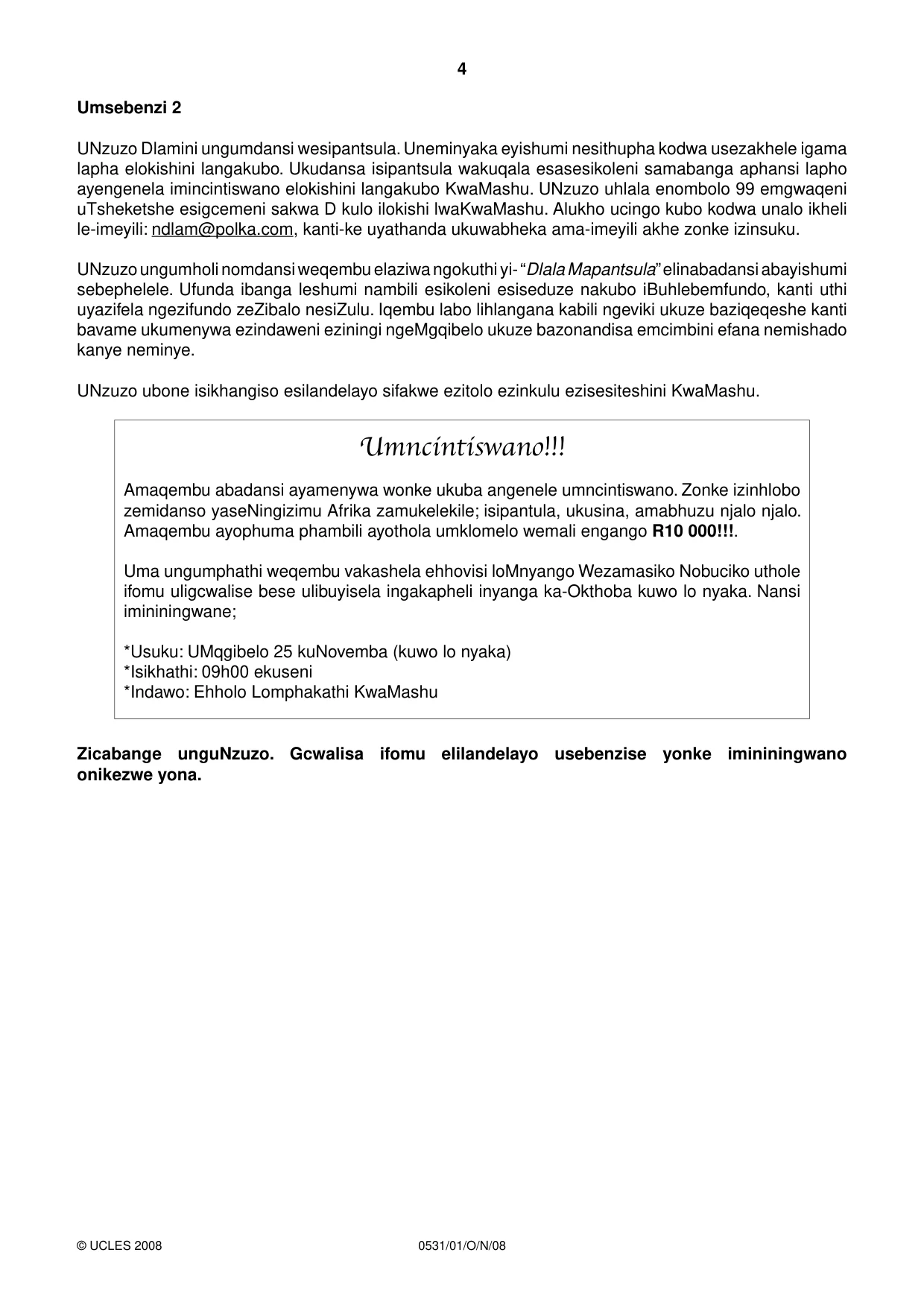 Cambridge IGCSE IsiZulu as a Second Language 0531 2008 Oct/Nov Paper 1 · Variant 1 question paper, page 4 of 16